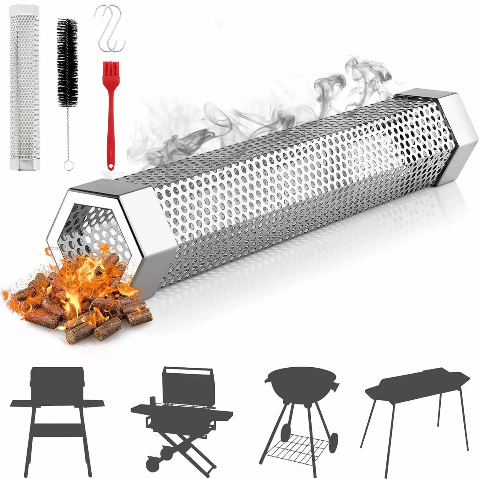PATLOLLAV Hexagonal Pellet BBQ Smoker Pipe 12 Inch Stainless Steel Grill Smoker Tube Wood Pellets