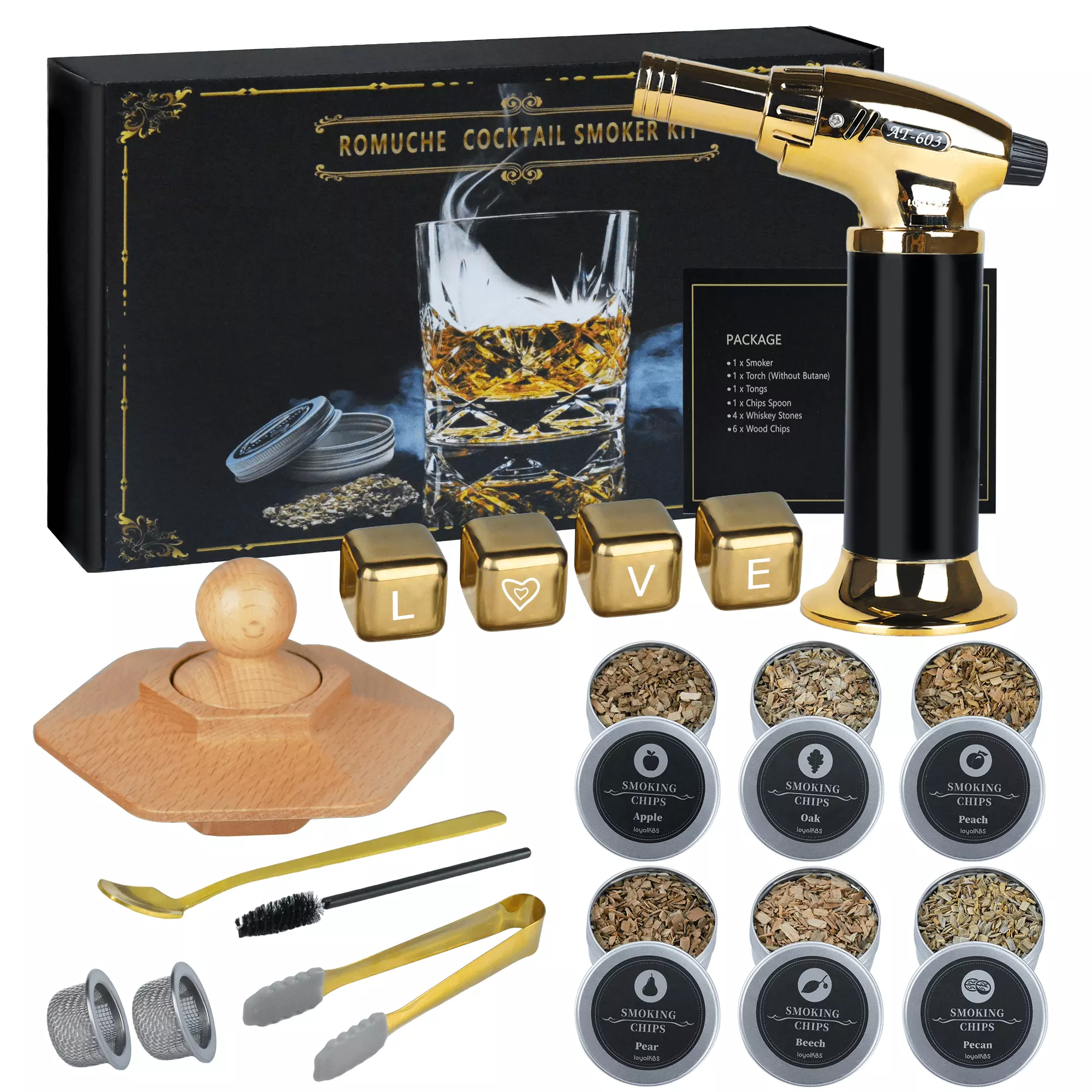 Cocktail Smoker Kit Torch and 6 Wood Chip Flavors Whiskey and Bourbon Lovers ROMUCHE