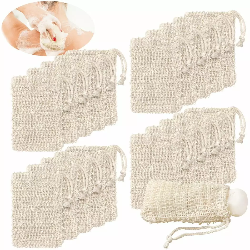 100 Pieces Natural Cotton-Linen Soap Saver Bag Exfoliating Soap Pouch Drawstring Zero Waste Bottlepic