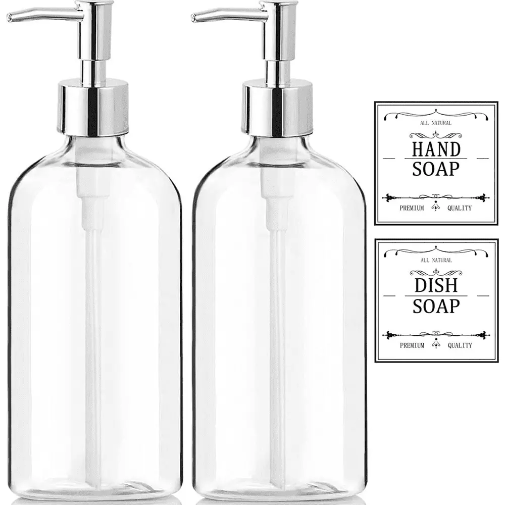 Clear Plastic Soap Dispenser Rust Proof Pump and Waterproof Labels 2 Pack 16 Oz FENGFU