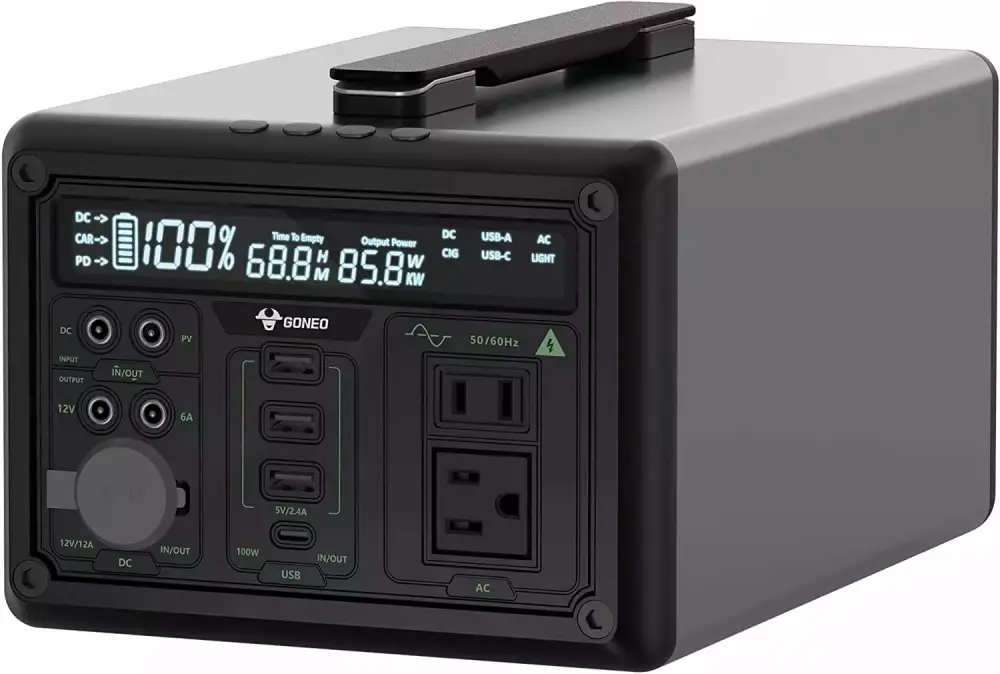 GONEO 607Wh Travel-Friendly Power Station 110V/600W AC Outlet 5dB Low Noise Solar Generator Camping 1016wh