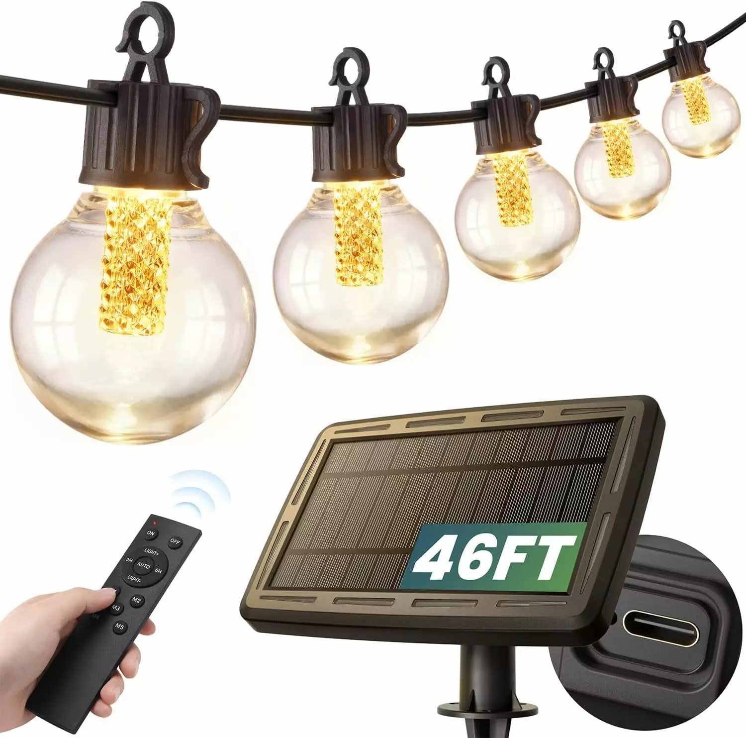 HomaVida 46FT Solar Outdoor String Lights Remote Patio Garden Backyard