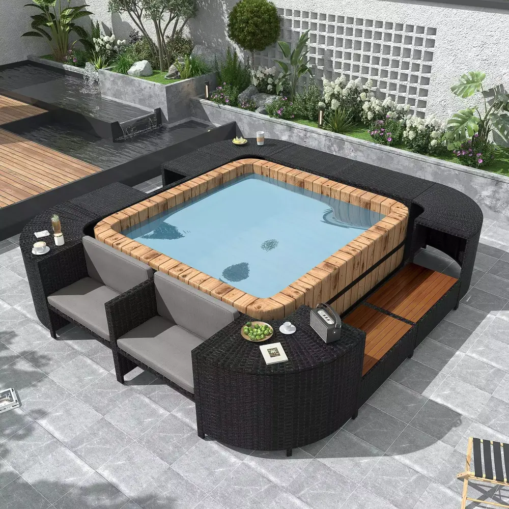 74 Inch Spa Surround Furniture Hot Tub Rattan Sectional Sofa and Storage Cabinet Gray
