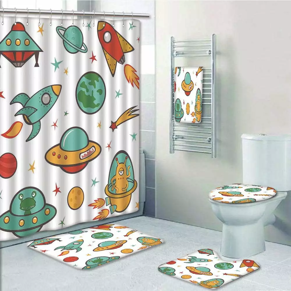 PRTAU Outer Space 5 Piece Bathroom Set - Rocket Planets Galaxy Kids Room Decor Shower Curtain