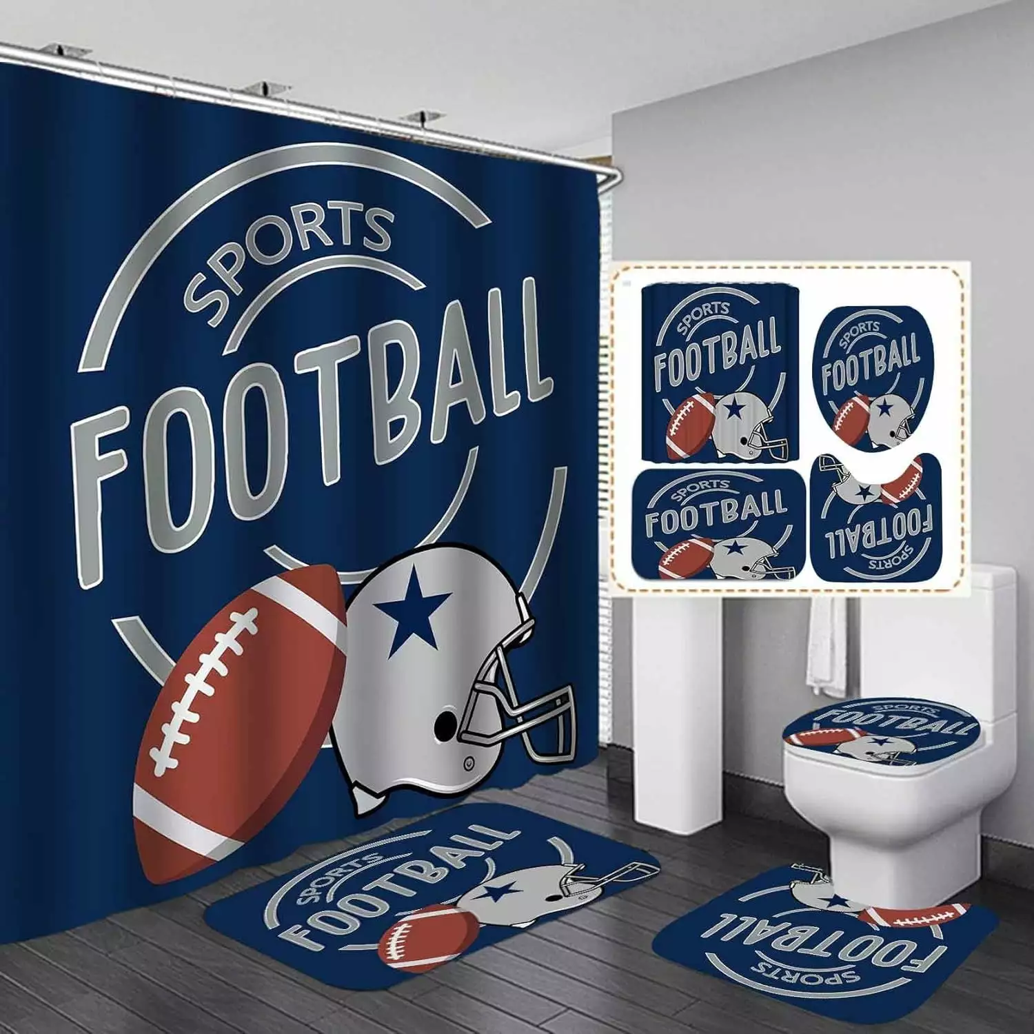 4PCS Sports Shower Curtain Set Water Fire Basketball Soccer Baseball American Football Navy Blue AOUPVAY