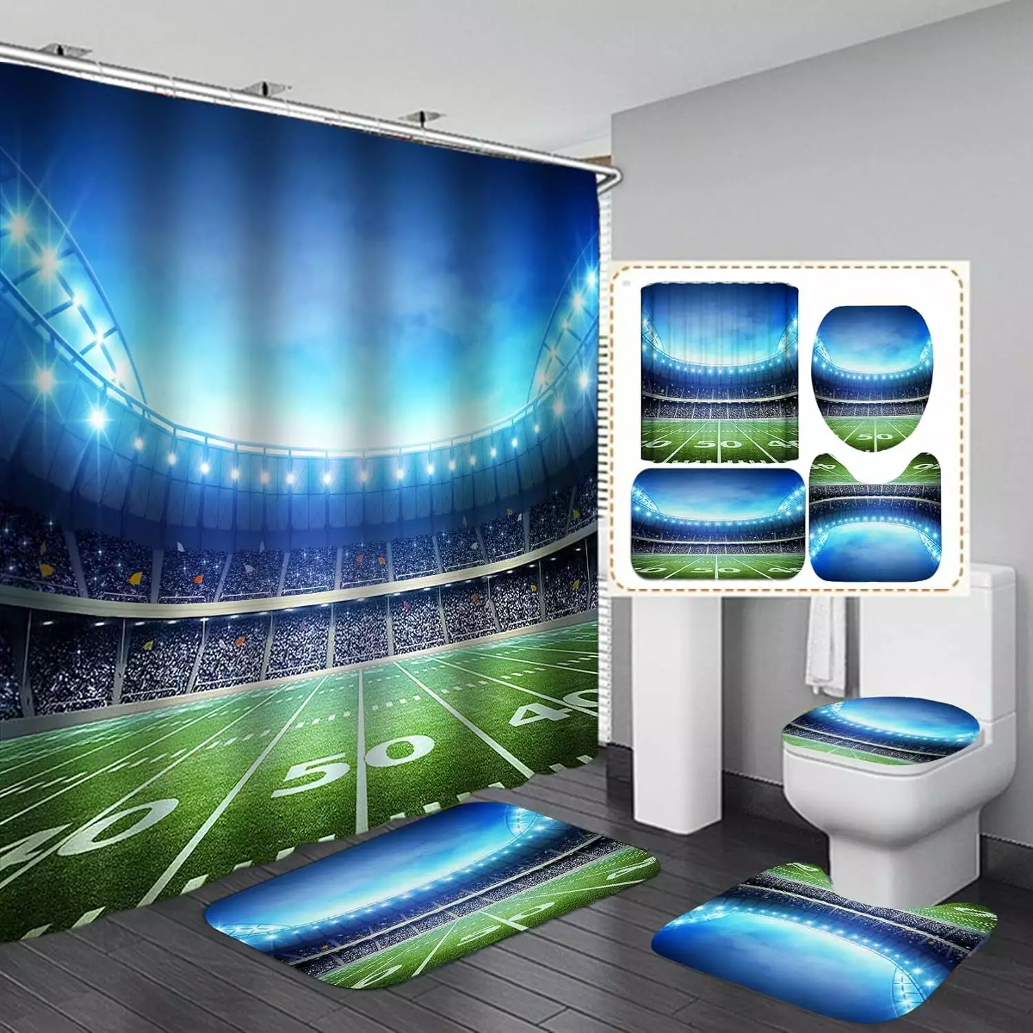 4PCS American Football Flaming Shower Curtain Set Sports Bathroom Decor Men Waterproof ETCEO