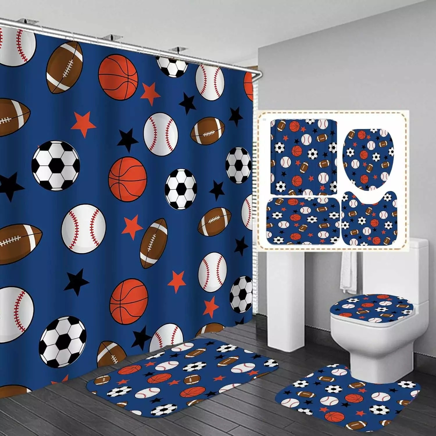 4PCS Sport Shower Curtain Set Basketball Soccer Football Baseball Athletes Sports Theme Navy Blue yuechang