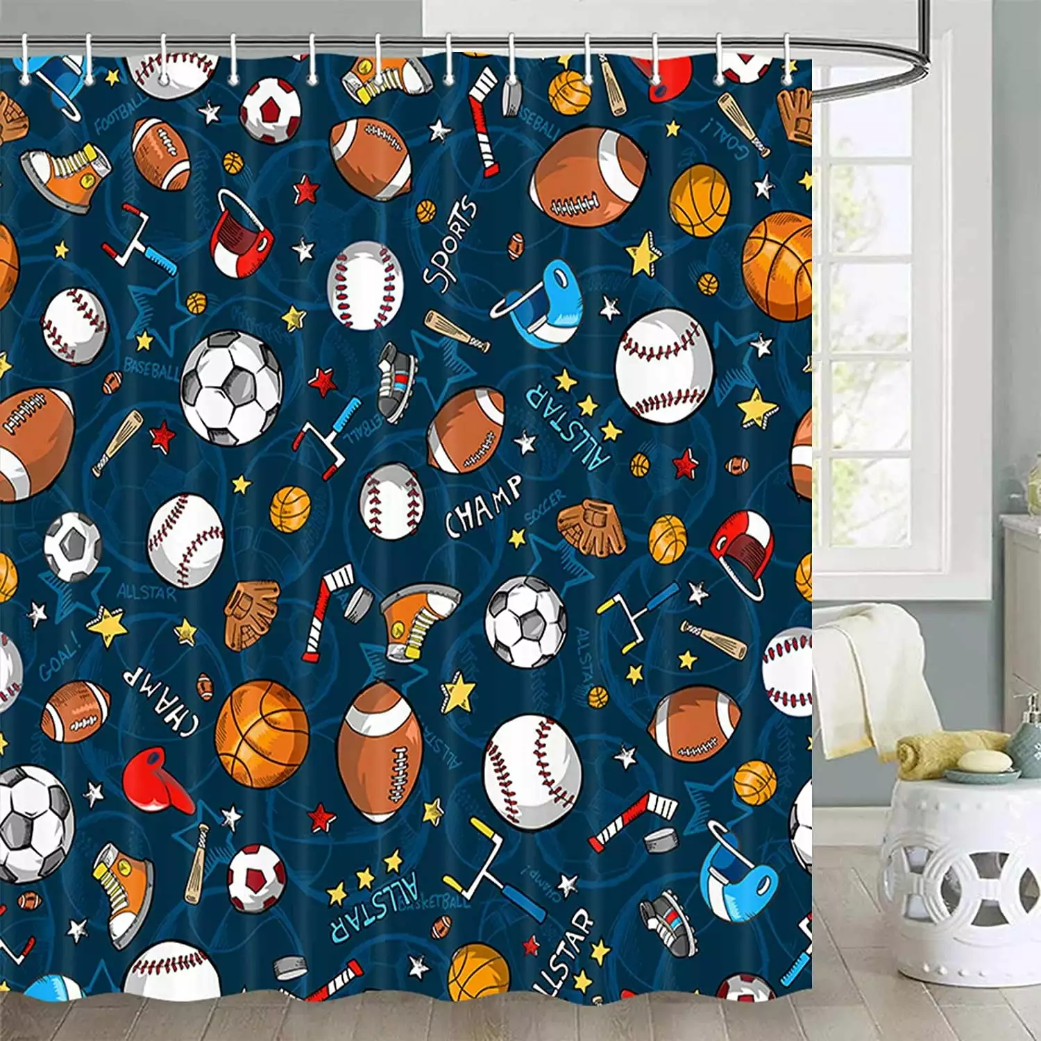Sports Shower Curtain Kids Teens Basketball Football Baseball Hockey Star Blue Bathroom Decor 72x72 Inches YUNRUN