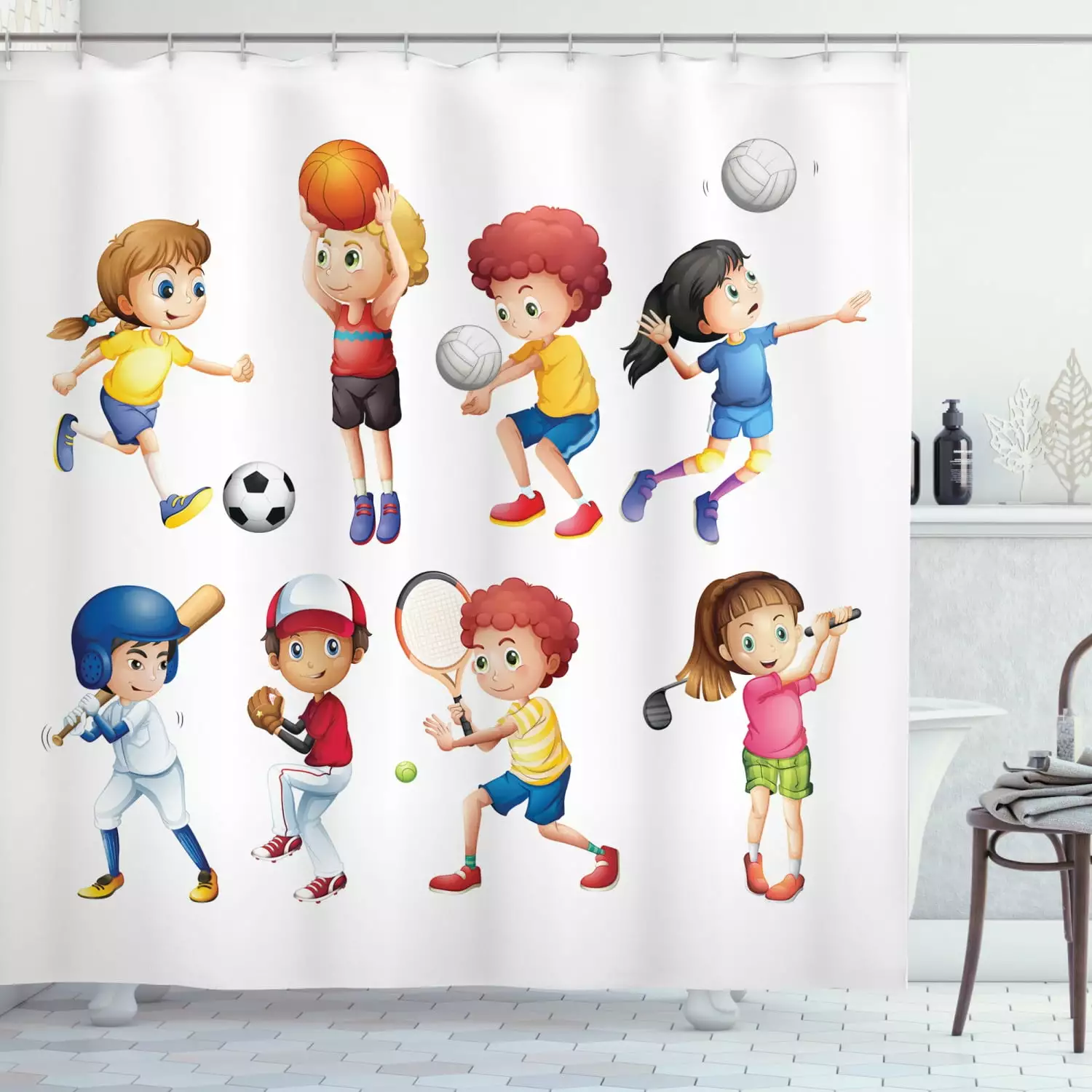 Kids Sports Shower Curtain Children Playing Soccer Baseball Basketball Volleyball Golf Tennis Hobby Theme Fabric Bathroom ...