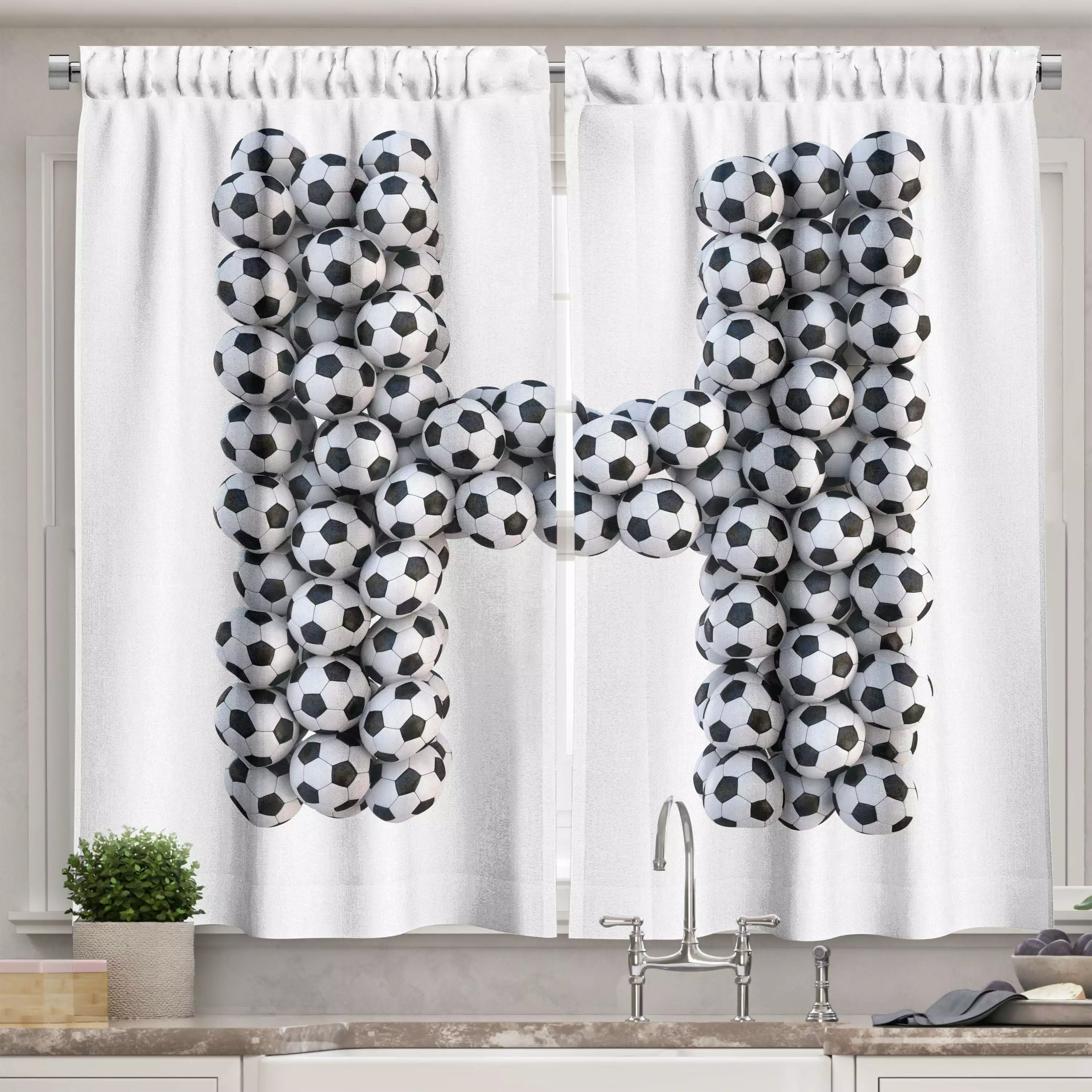 Letter H Soccer Balls Curtains 2 Panels Set 55x39 Inches Black White Game Day Theme Living Room Ambesonne