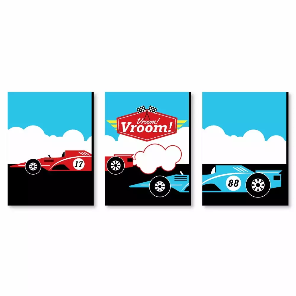 Big Dot Happiness Let's Go Racing Racecar Nursery Wall Art Set 3 Prints 7.5x10