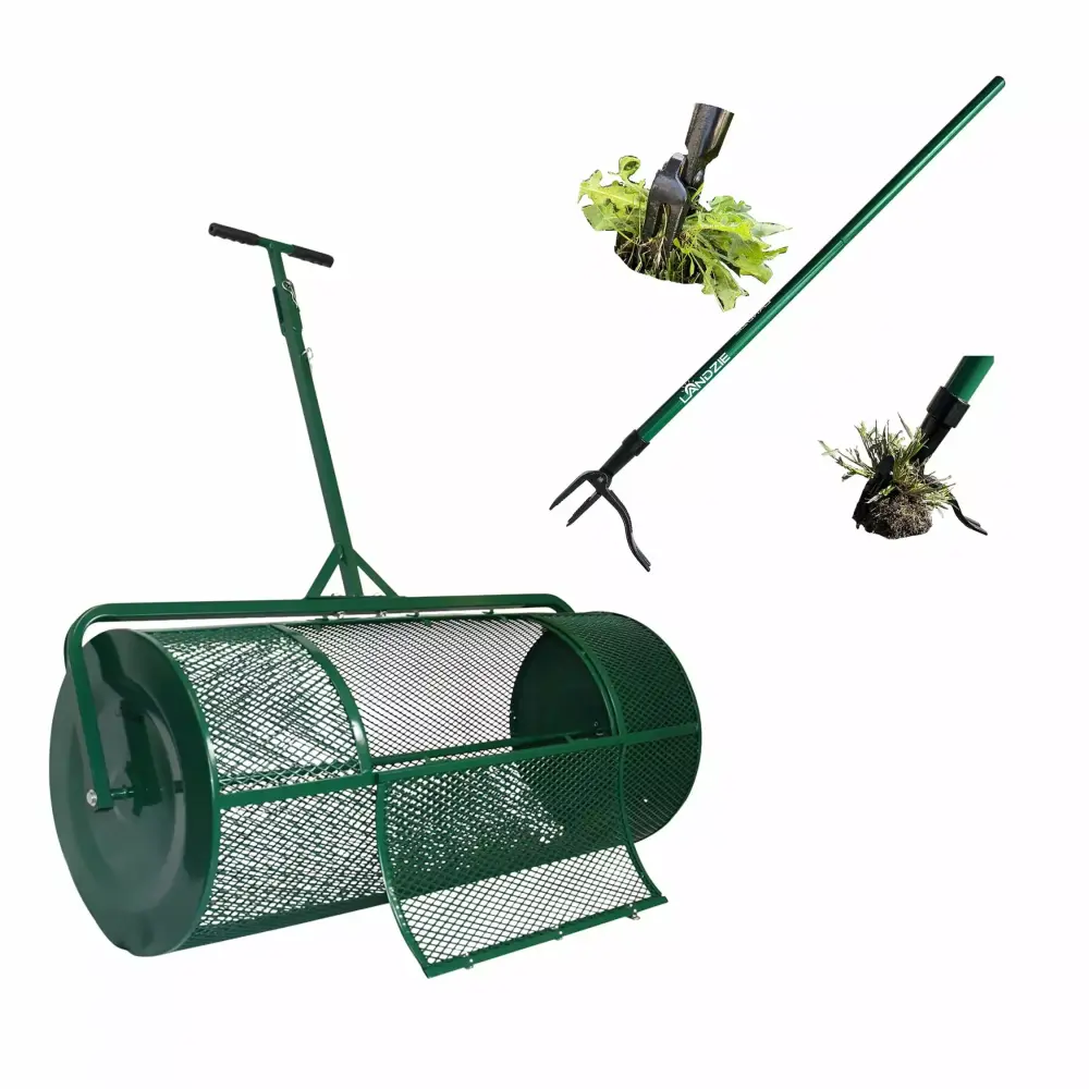 Landzie Spreader & Weeder Lawn Care Set 44 Inch Compost Spreader Steel Weeder 24
