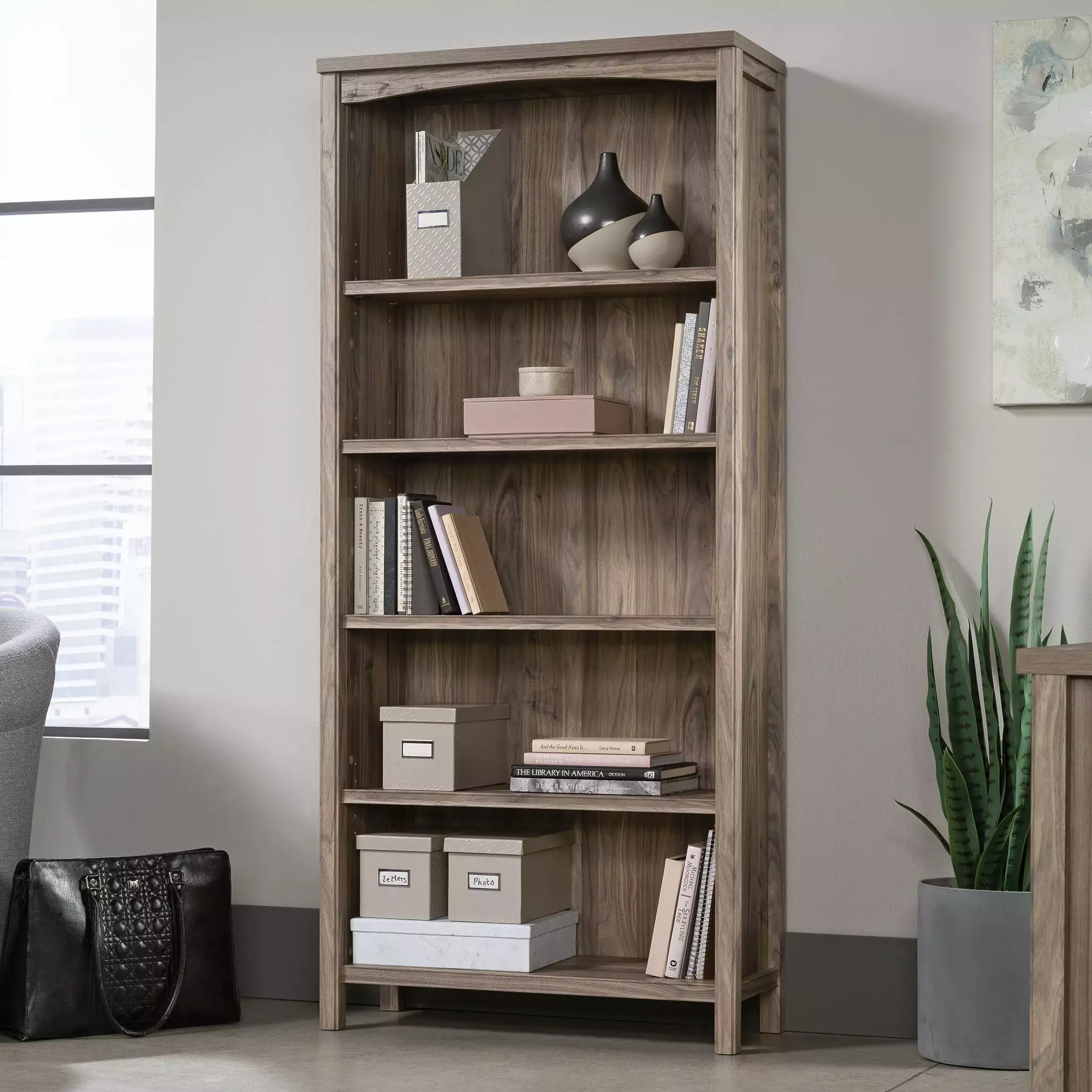 Worksense Sauder Woodburn 5-Shelf Display Bookcase Washed Walnut Finish Home Office