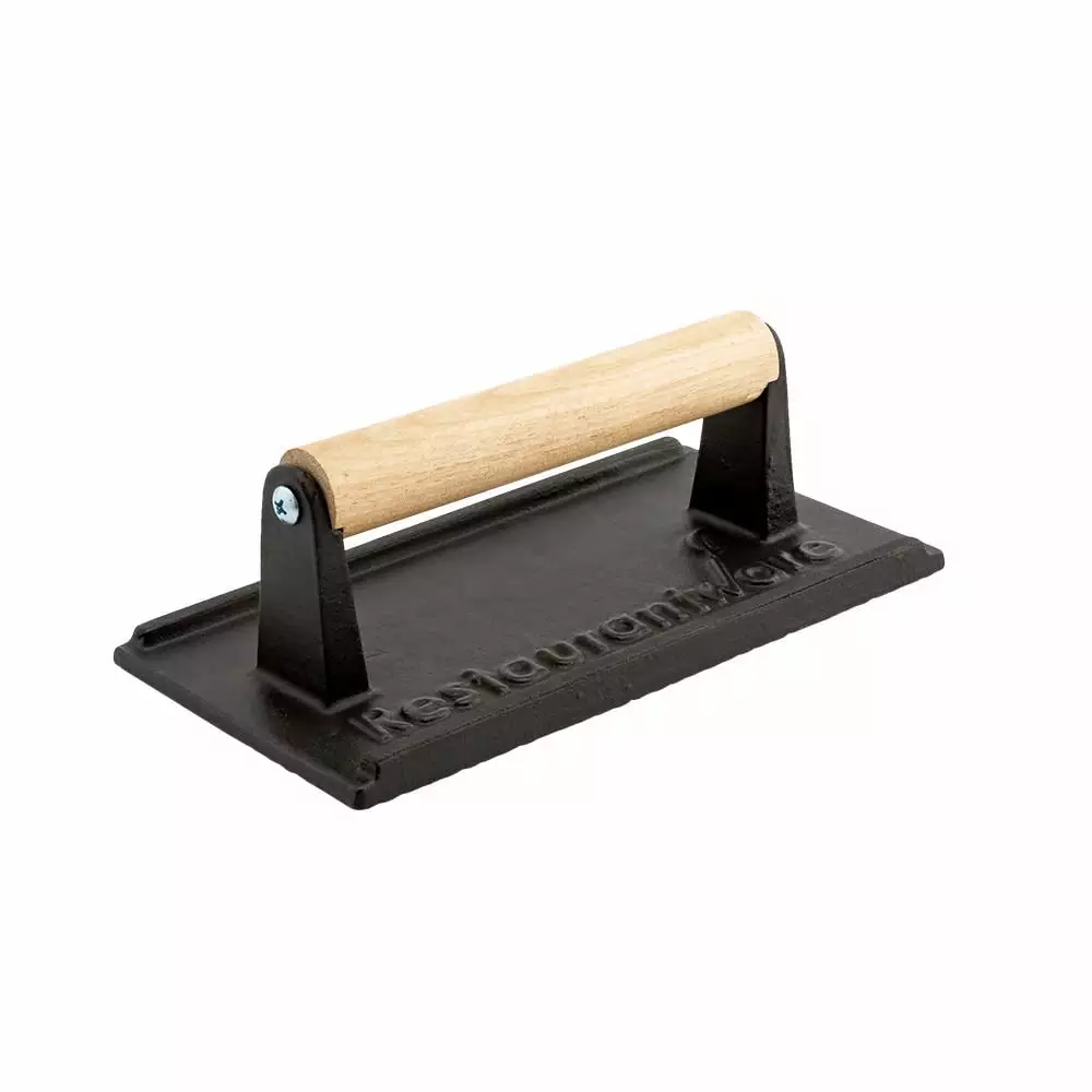 Met Lux Black Cast Iron Steak Weight Wooden Handle Restaurantware