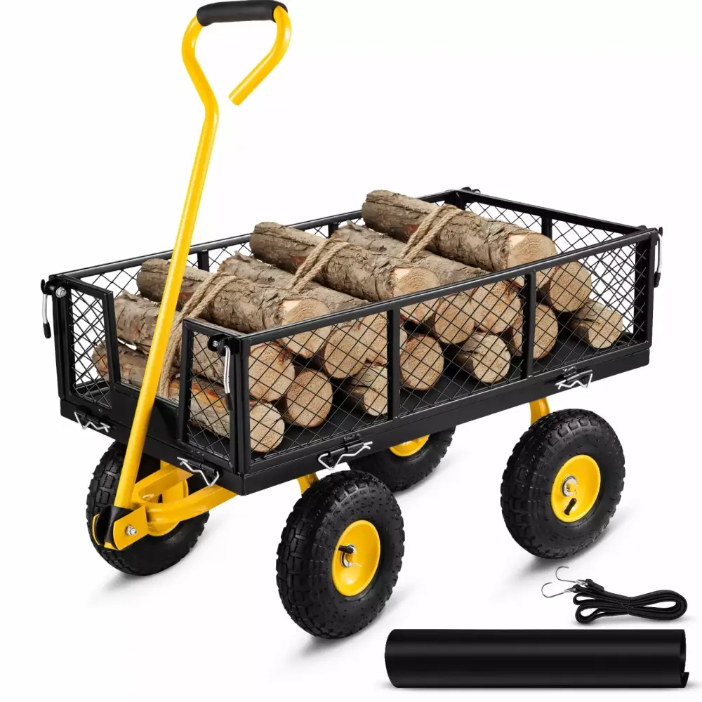 BENTISIM Steel Garden Cart Heavy Duty 500 lbs Capacity Removable Mesh Sides 10 Tires Garden