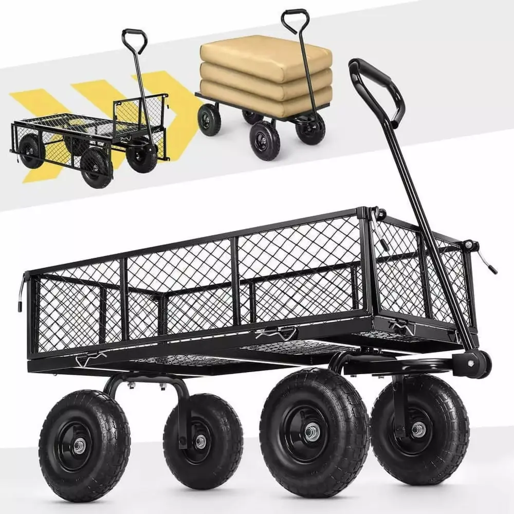 Funcid Steel Garden Cart Heavy Duty 660 LBS Capacity Removable Mesh Sides 10 Tires Garden Farm Yard