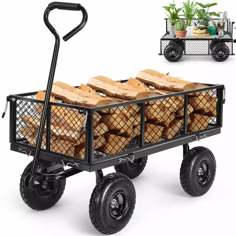 VIBESPARK 660LB Garden Cart and Wagon Heavy Duty Steel Garden Cart Removable Sides 10in Tires Black