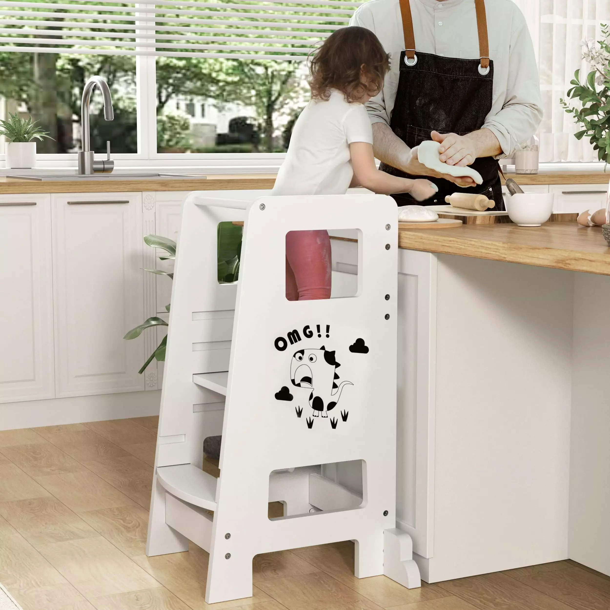 Kids Step Stool Toddler Learning Tower Solid Wood Montessori Kitchen Helper Stool FLYJOE
