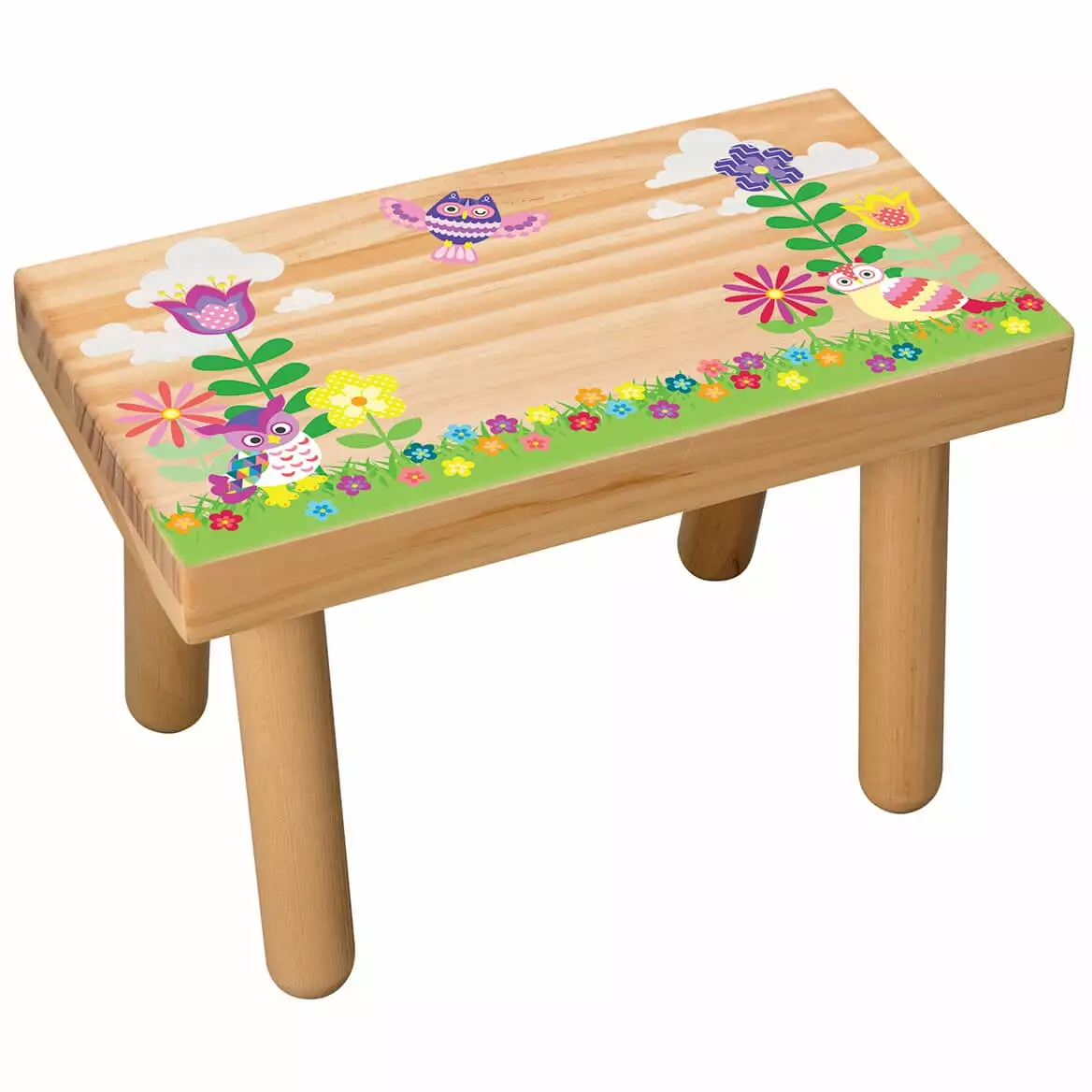 Children's Wooden Step Stool Flowers and Owls Design Non-Slip Helper Stool Fox Valley Traders