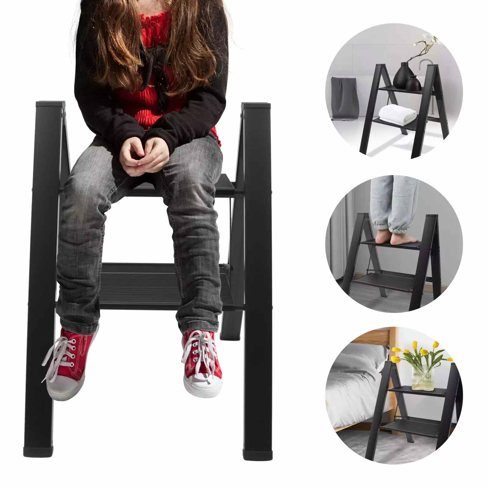Houtilizehold 2-Step Folding Steel Step Stool Non-Slip Ladder Stool 330 lb Capacity Black Household