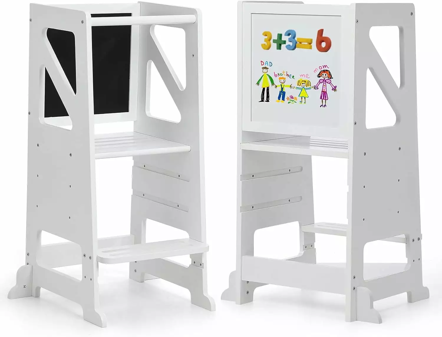 Adjustable Height Wooden Step Stool Kids Chalkboard and Whiteboard Anti-Slip Toddler Kitchen Helper Learning Tower Joyspirit