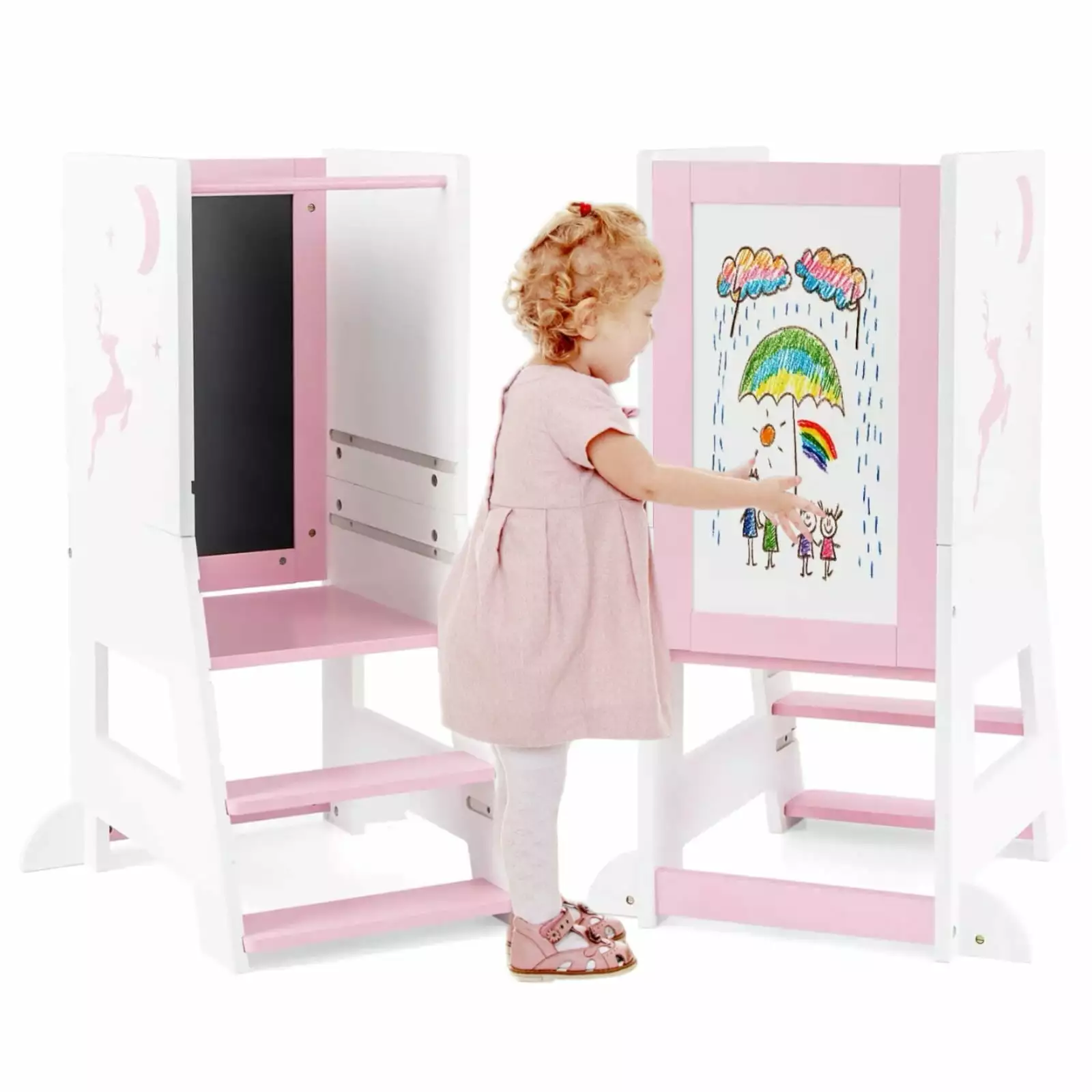 Laijoy Toddler Standing Tower Multipurpose Wooden Kitchen Step Stool Whiteboard Blackboard