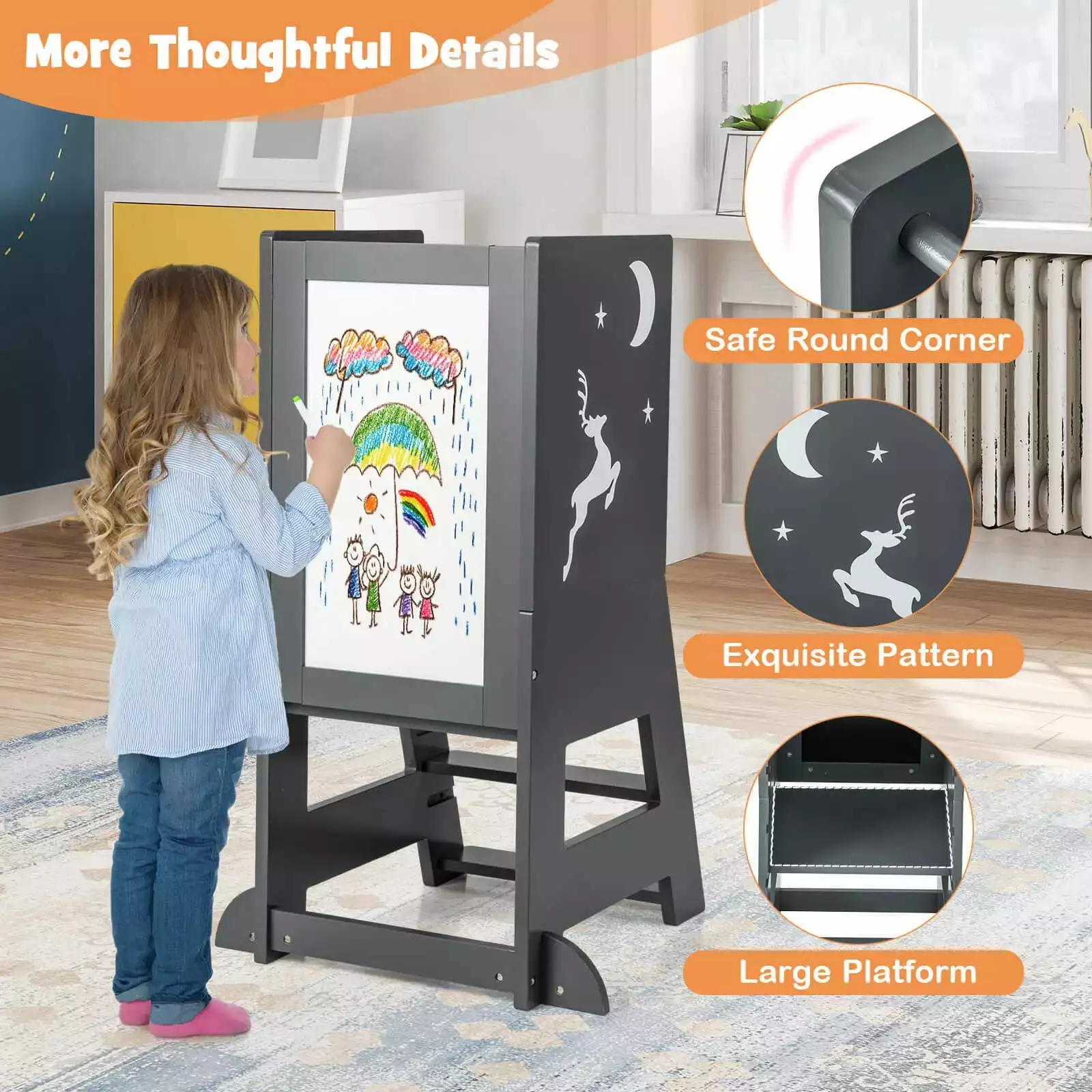 Laijoy Toddler Standing Tower Multipurpose Wooden Kitchen Step Stool Whiteboard Blackboard