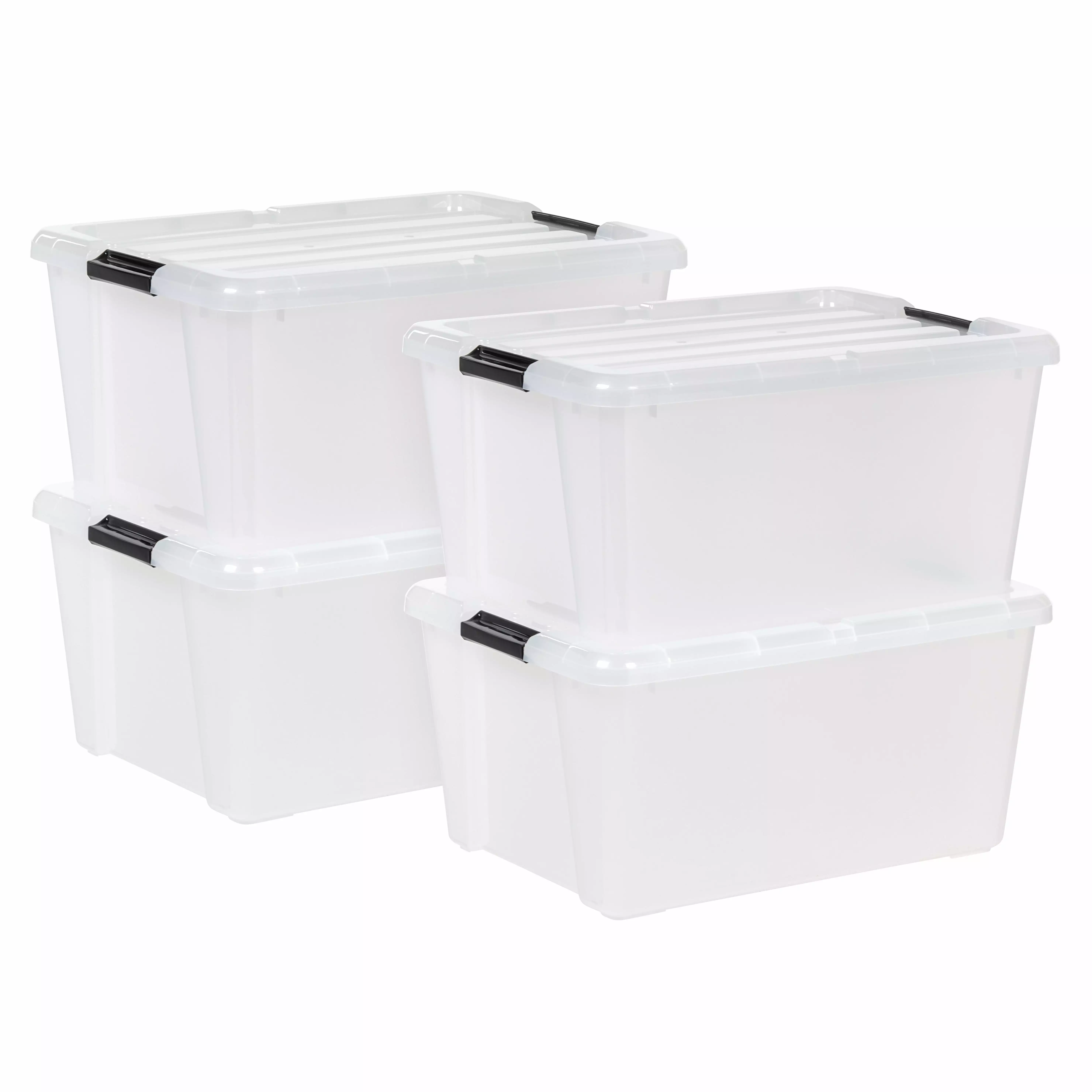 IRIS USA 45 Qt Plastic Storage Bins Lids Clear Latching Stackable Totes 4 Pack