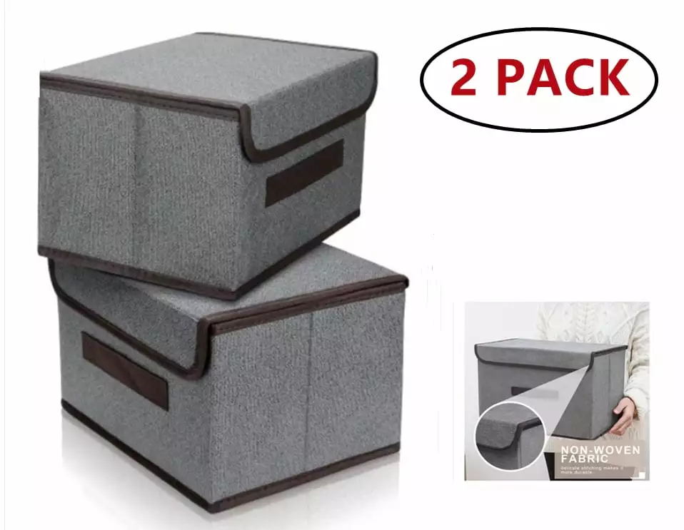Foldable Storage Bins Gray Storage Boxes Lids and Handles Toys Clothes and Books 2 Pack Topboutique
