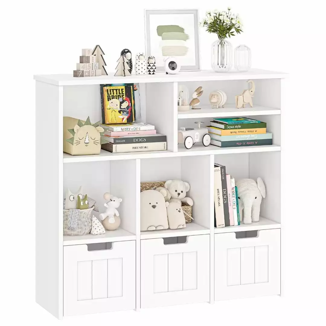 Toy Storage Cabinet 3 Movable Drawers and Hidden Wheels Kids Bookcase Floor Organizer CuisinSmart