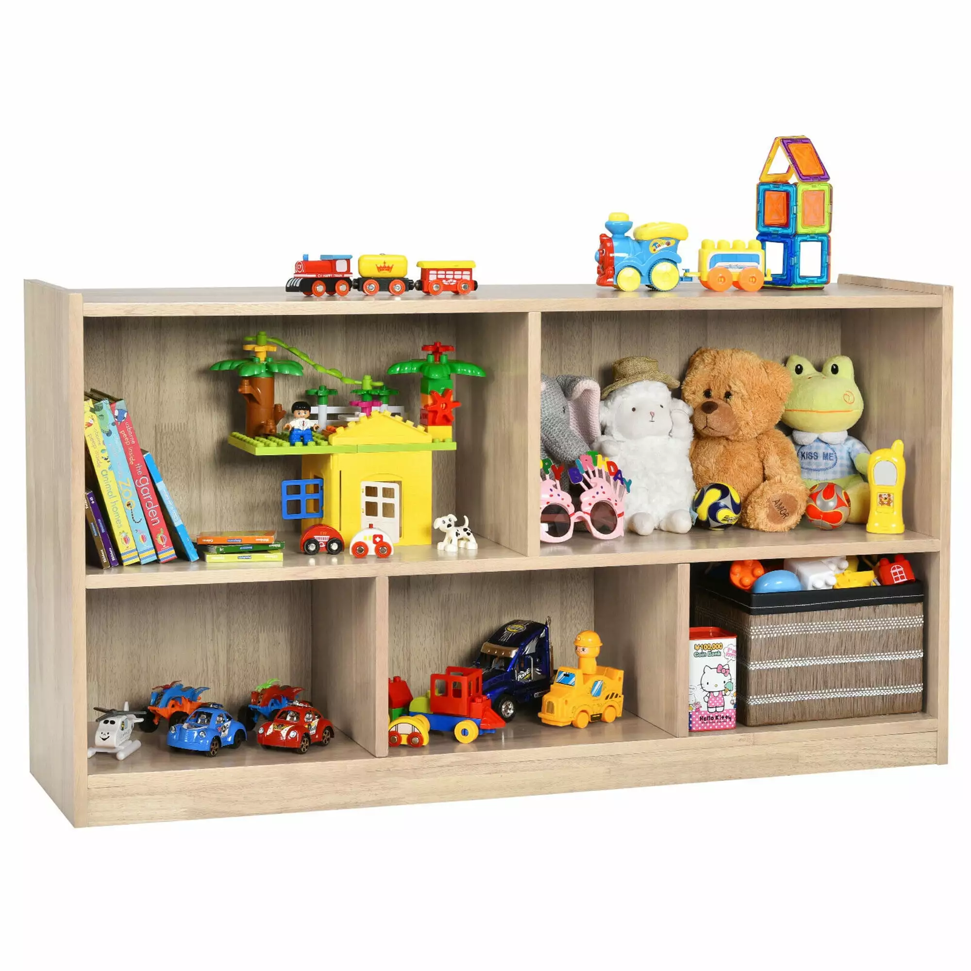 Gymax Kids 5-Cube Storage Cabinet 2-Shelf Wood Bookcase Organizer Natural Finish