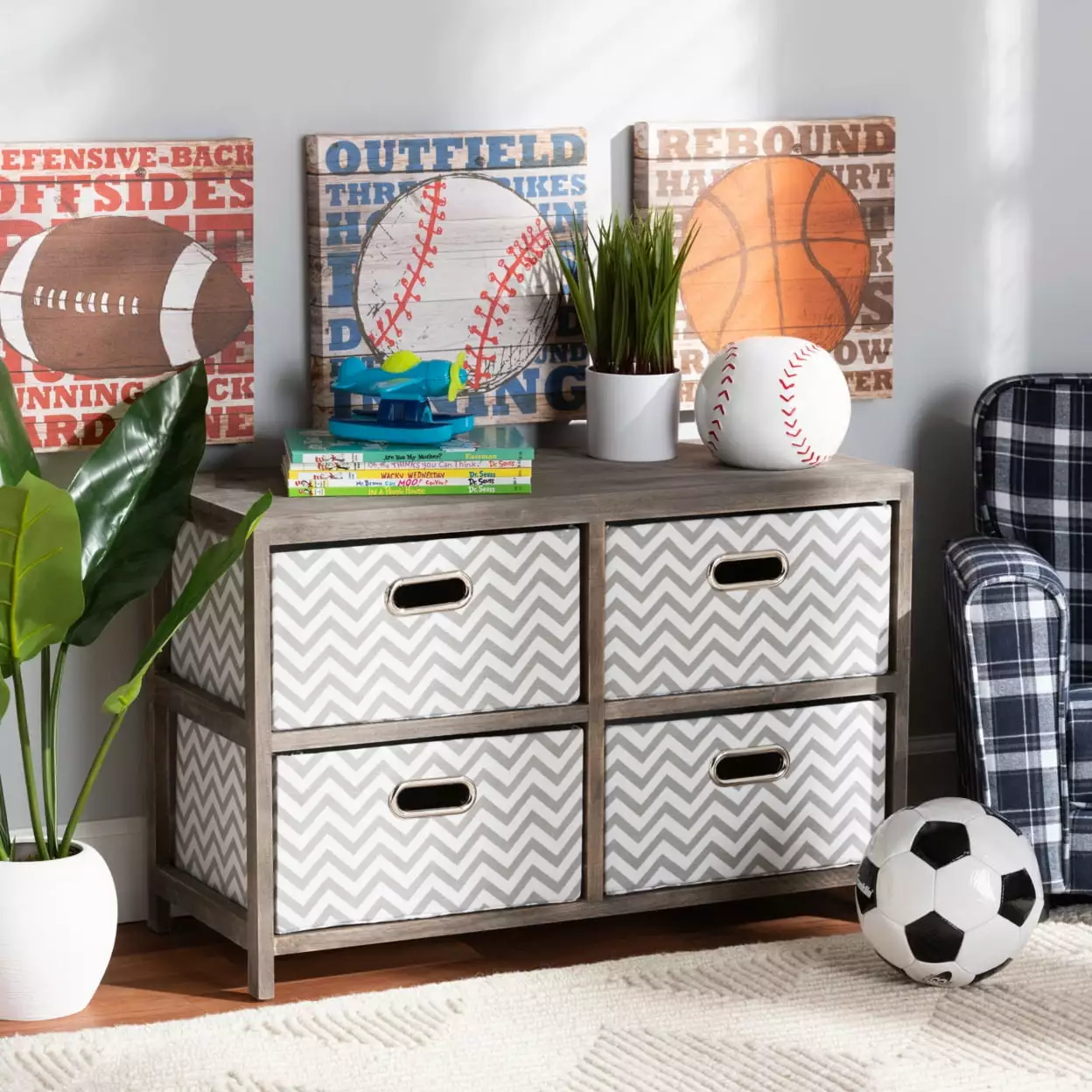 Baxton Studio Jorah Modern Grey White Fabric Upholstered Greywashed Wood 4-Binquireet Storage Wholesale Interiors