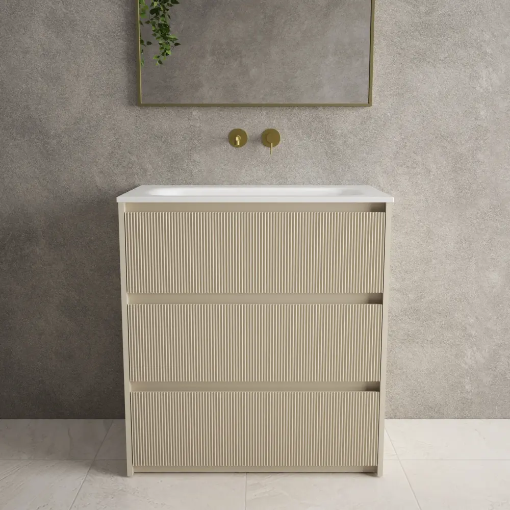 Scanalato Three Drawer Floor Standing Vanity Unit Beyondstone Basin - Goat hair wool 800mm