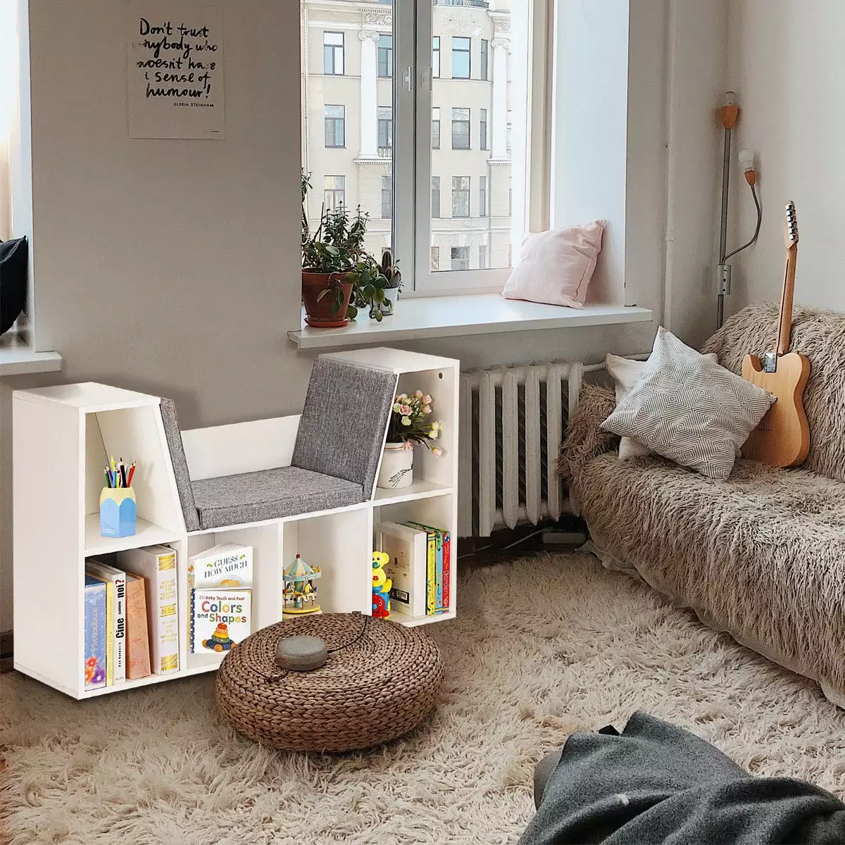 Costway 6 Cubby Kid Storage Cabinet Bookcase Cushioned Reading Nook Multi-Purpose Shelf