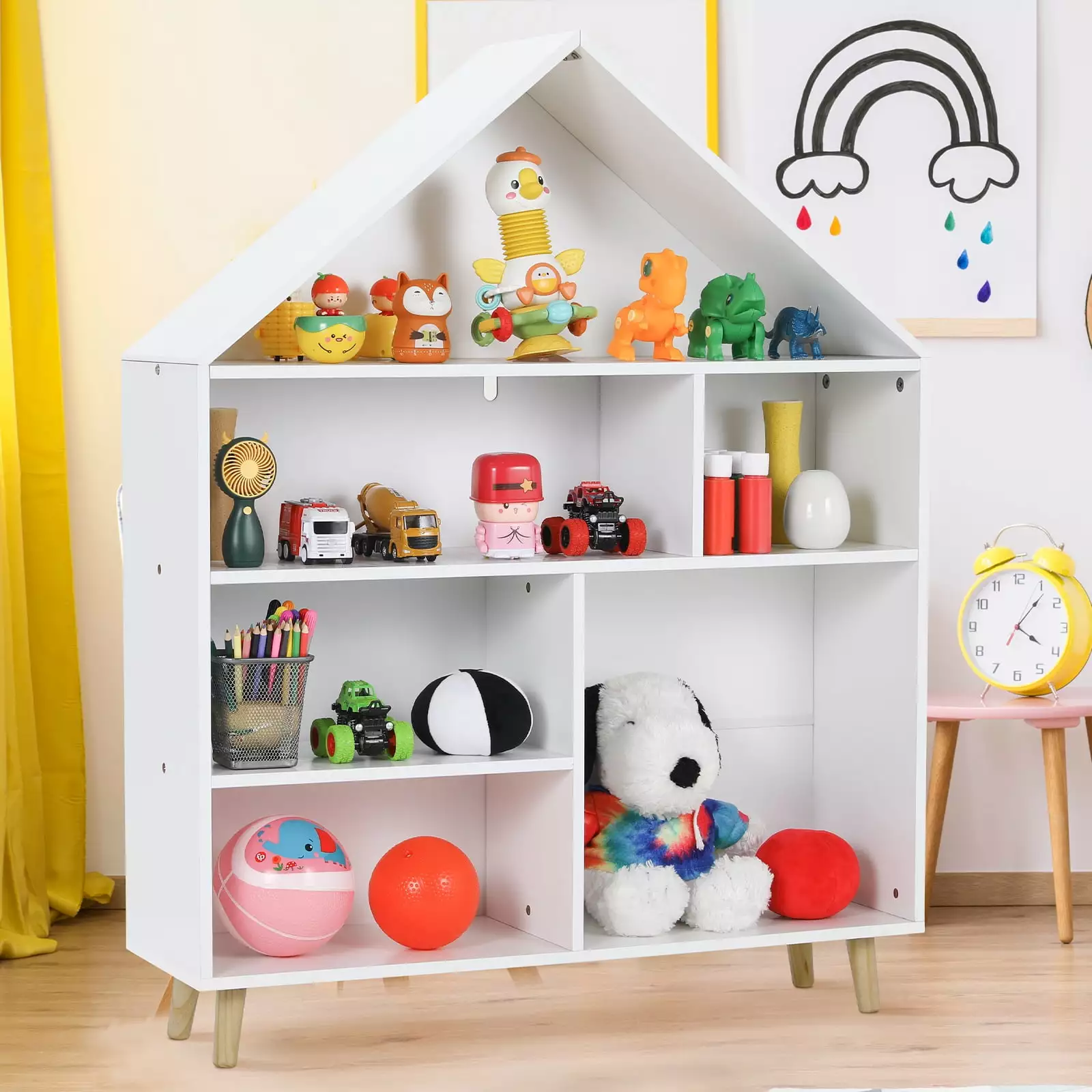 Arlopu Kids Toy Storage Arranger 4-Tier Open Bookcase Wooden Storage Cabinet