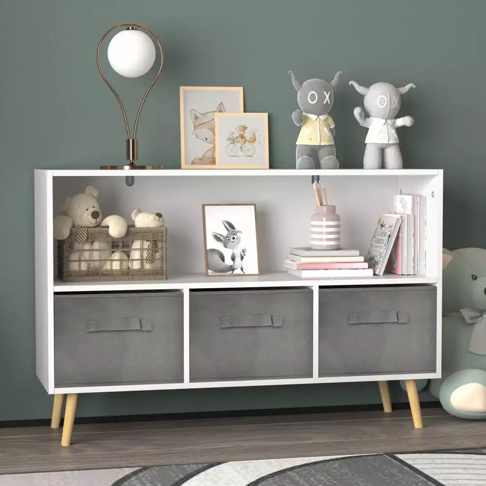 Hassch Living and Learning Kids Low Bookcase White 24 Inch Wooden Storage Arranger Gray Bins