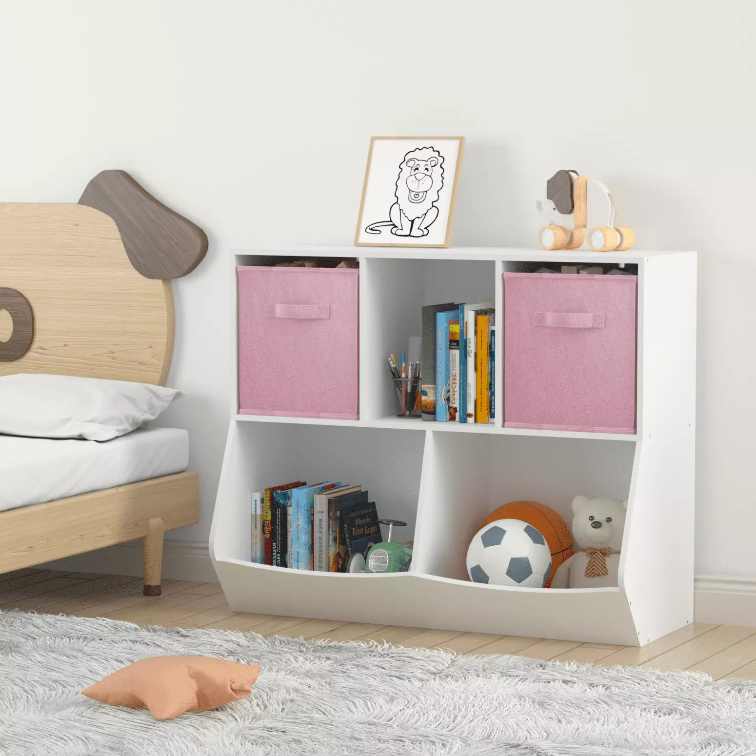 Kids Bookcase Collapsible Fabric Drawers White Pink Toy Storage Cabinet Playroom Ponnky