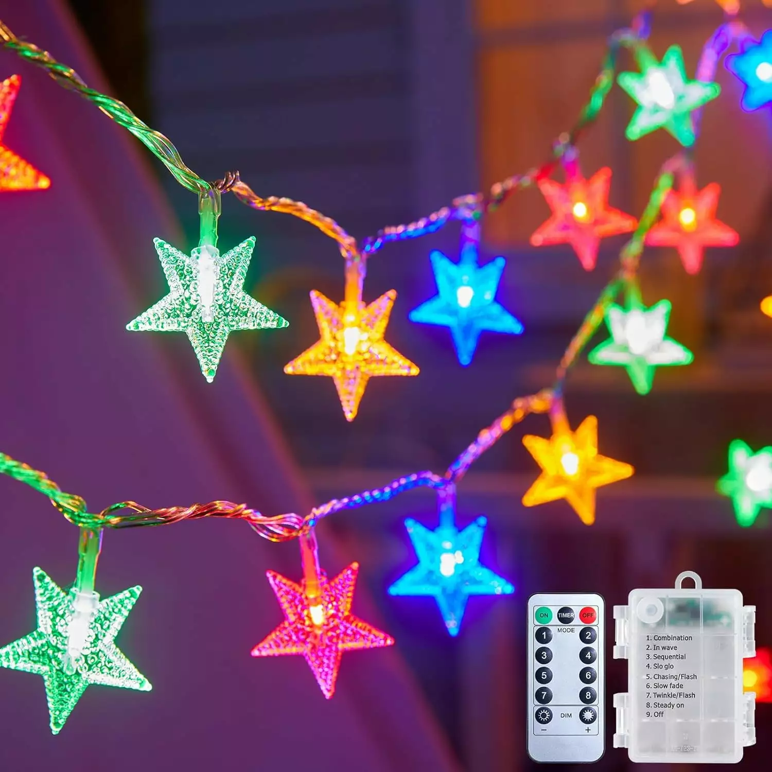 17 ft 50 LED Star Fairy String Lights Multicolor Battery Operated Remote Timer 8 Modes Waterproof LJT