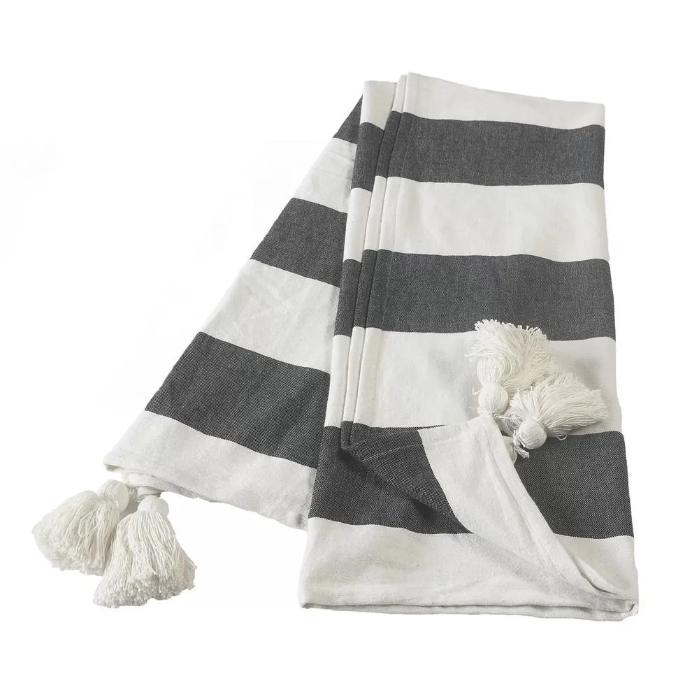 LR Home Metty Charcoal Ivory Bold Striped Cotton Throw Blanket Tassels - Modern Decorative Sofa Bed Cover