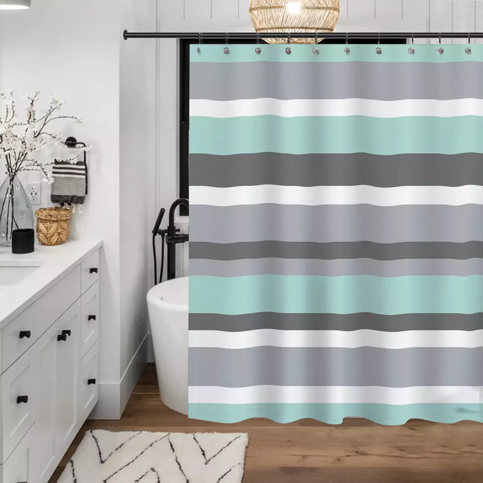 Sunlit Aqua Blue Gray Horizontal Stripes Water Repellent Fabric Shower Curtain Reinforced Metal Grommets 70X70IN