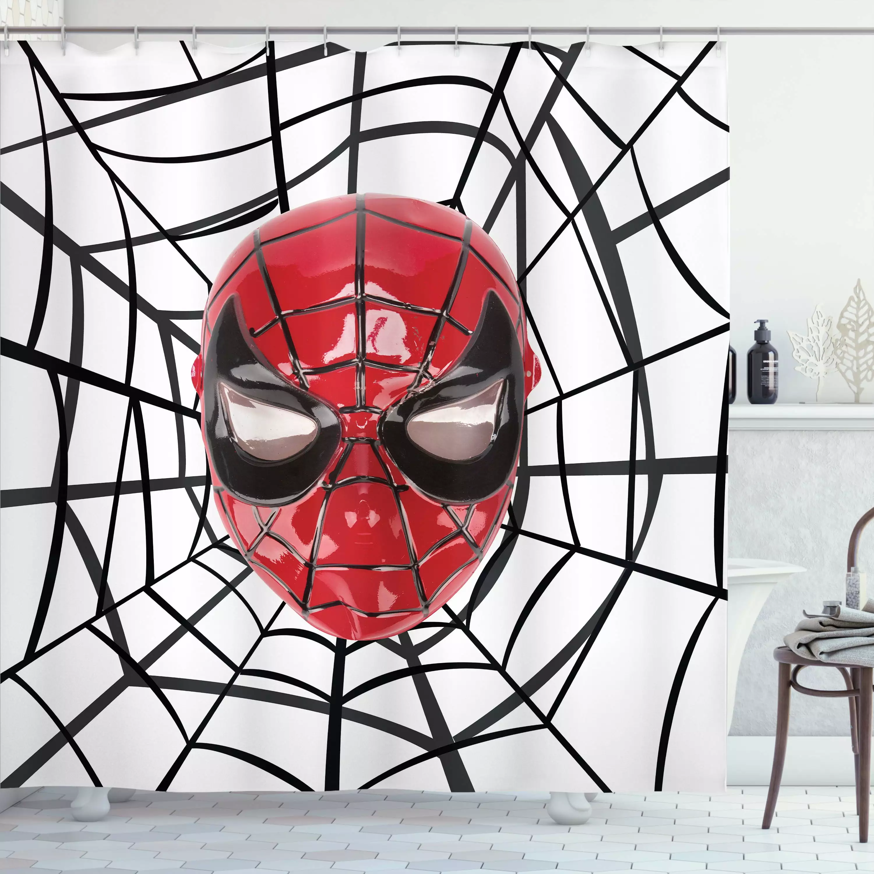 Superhero Shower Curtain Hero Mask Spider Eyes and Web Print Fun Kids Cartoon Character Image Fabric Bathroom Set Hooks 69...