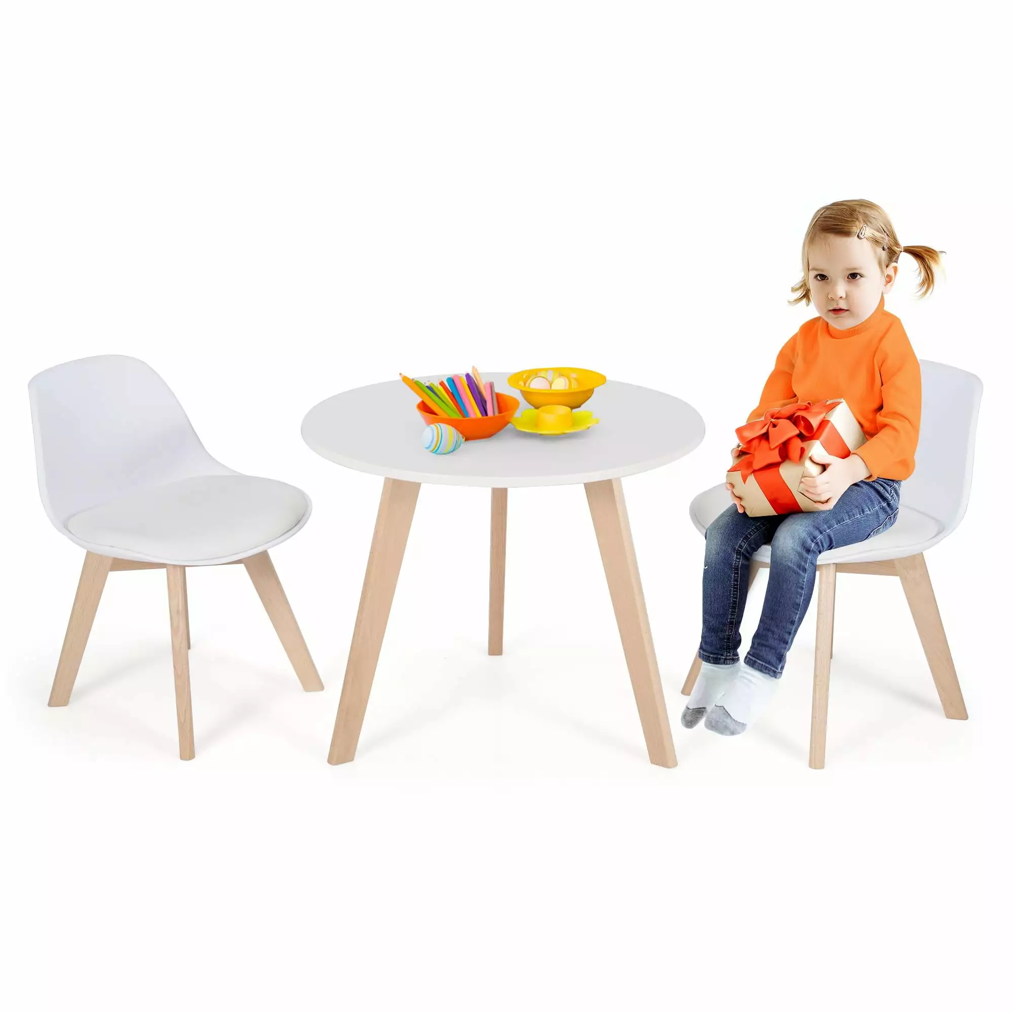 Giantex 3 Pcs Kids Table and Chair Set Wood Activity Set Cushioned Seats
