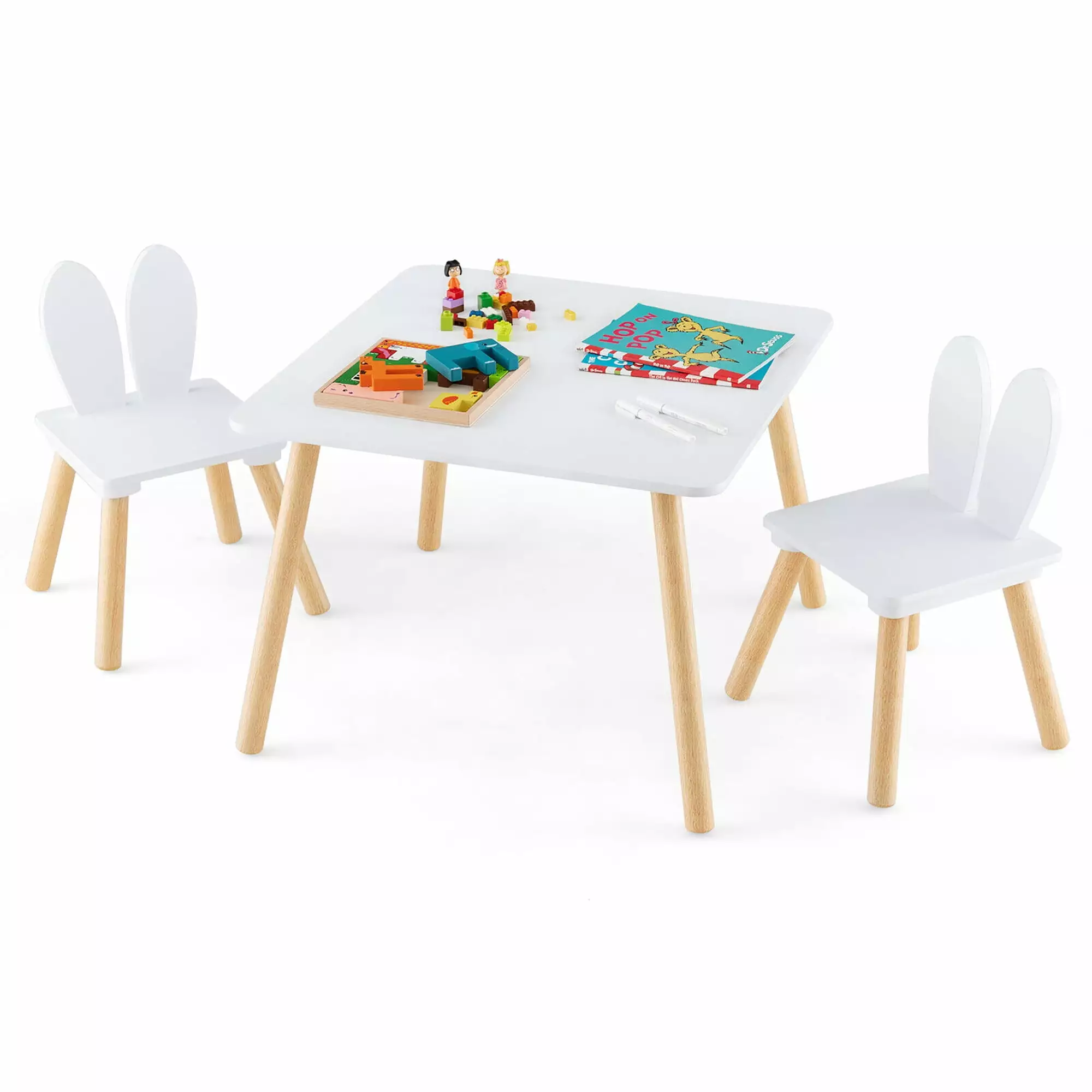 Gymax 3 Pieces Kids Table & Chairs Set Children Wooden Furniture Set Solid Wood Legs