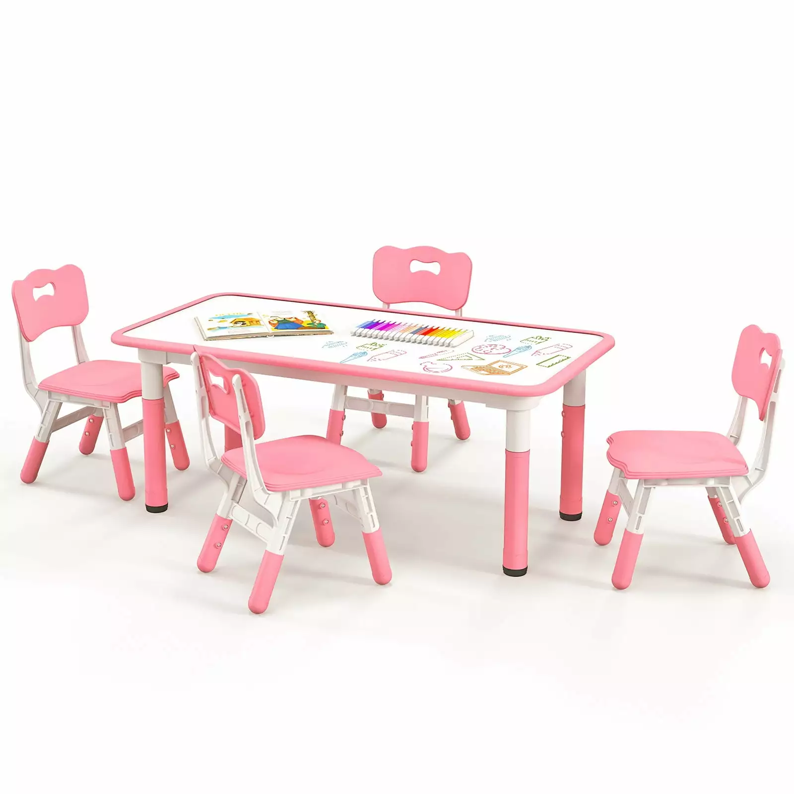 Infans Kids Height Adjustable Table and 4 Chairs Set Graffiti Desktop Pink