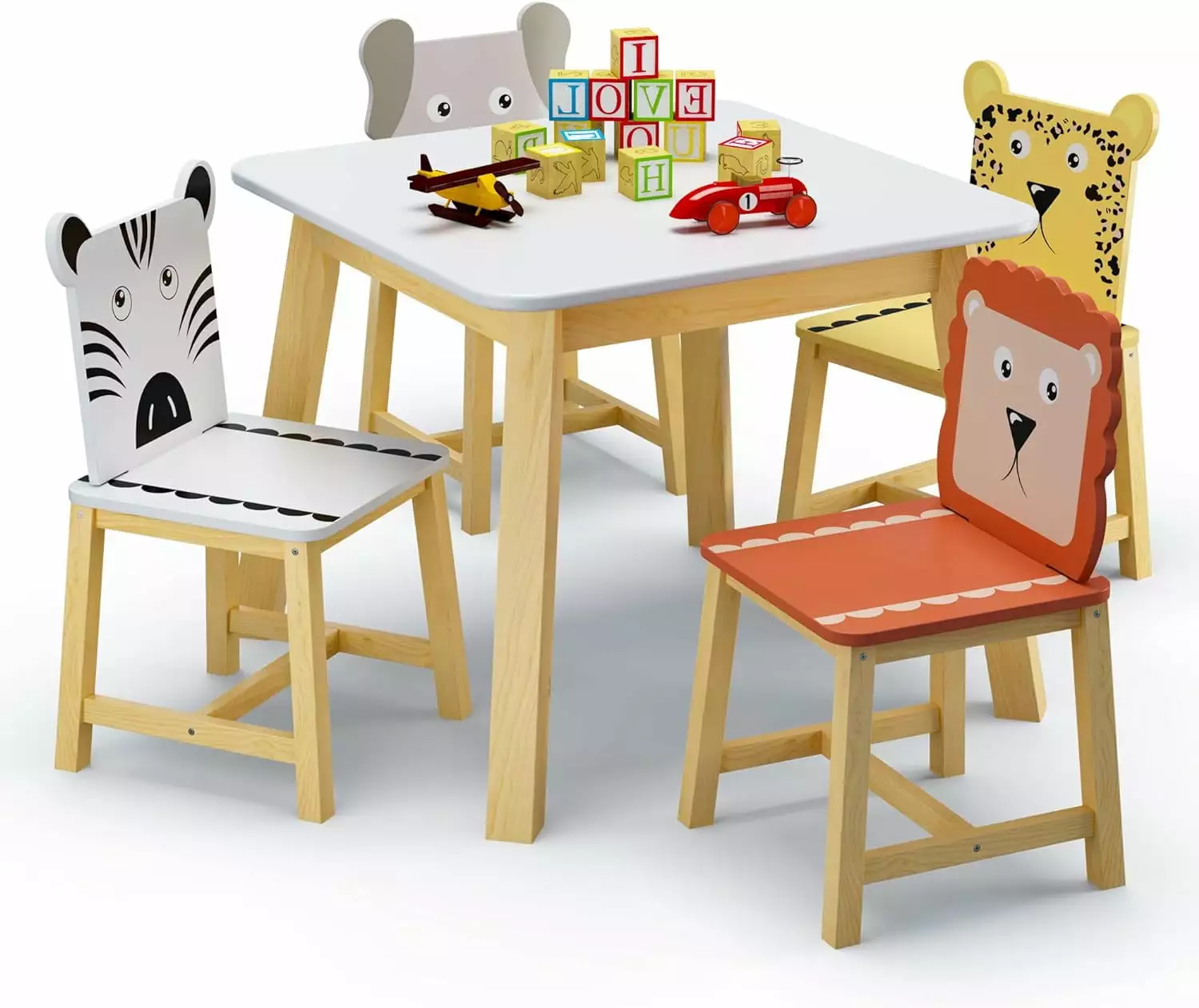iRerts Kids Table and Chairs Set 5 Piece Cartoon Wooden Table Children Indoor