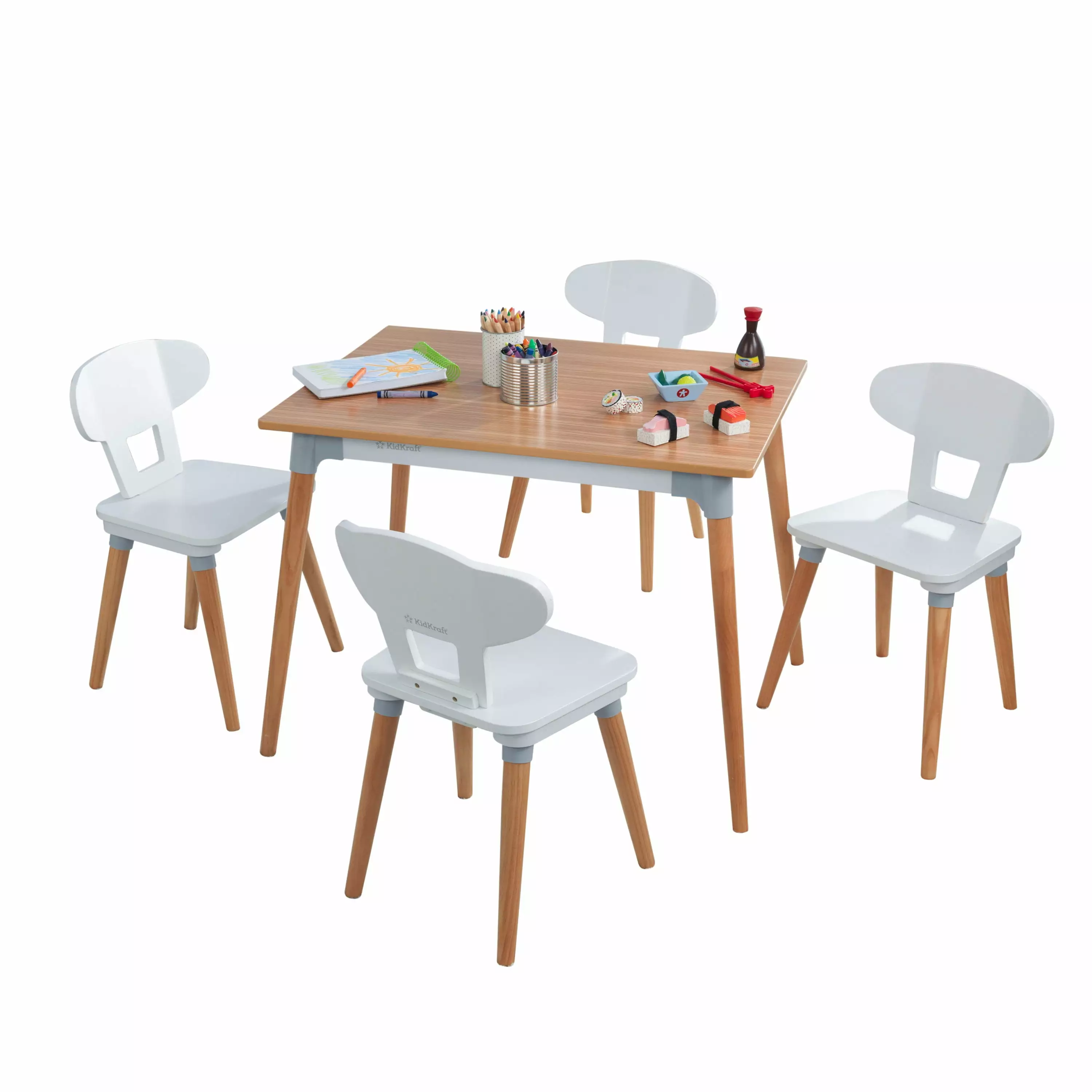 KidKraft Mid-Century Kid White & Natural Wooden Toddler Table & 4 Chair Set