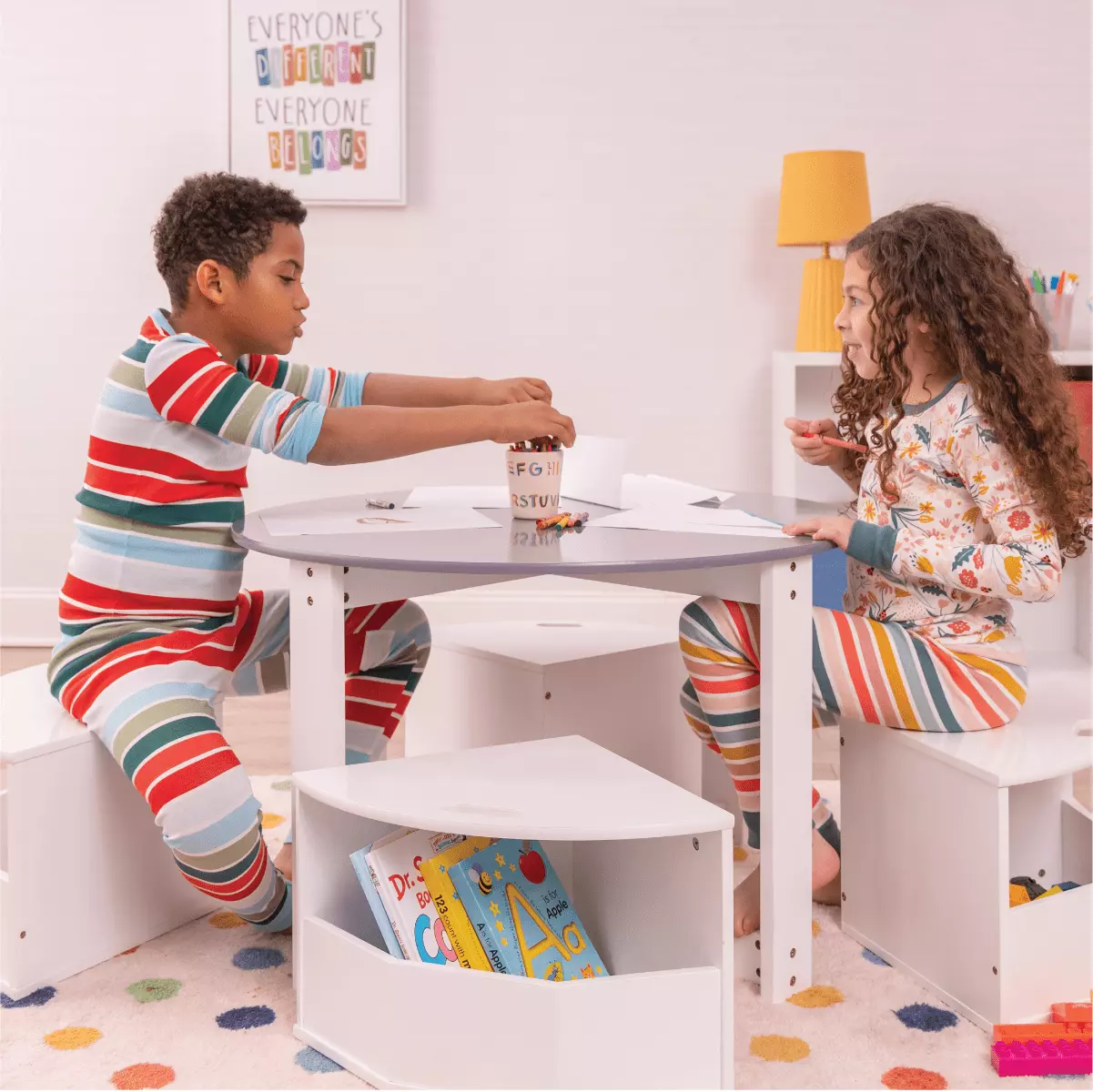 Milliard Kids Activity Play Table Chair Set Toddlers Round 4 Storage Stools White Gray