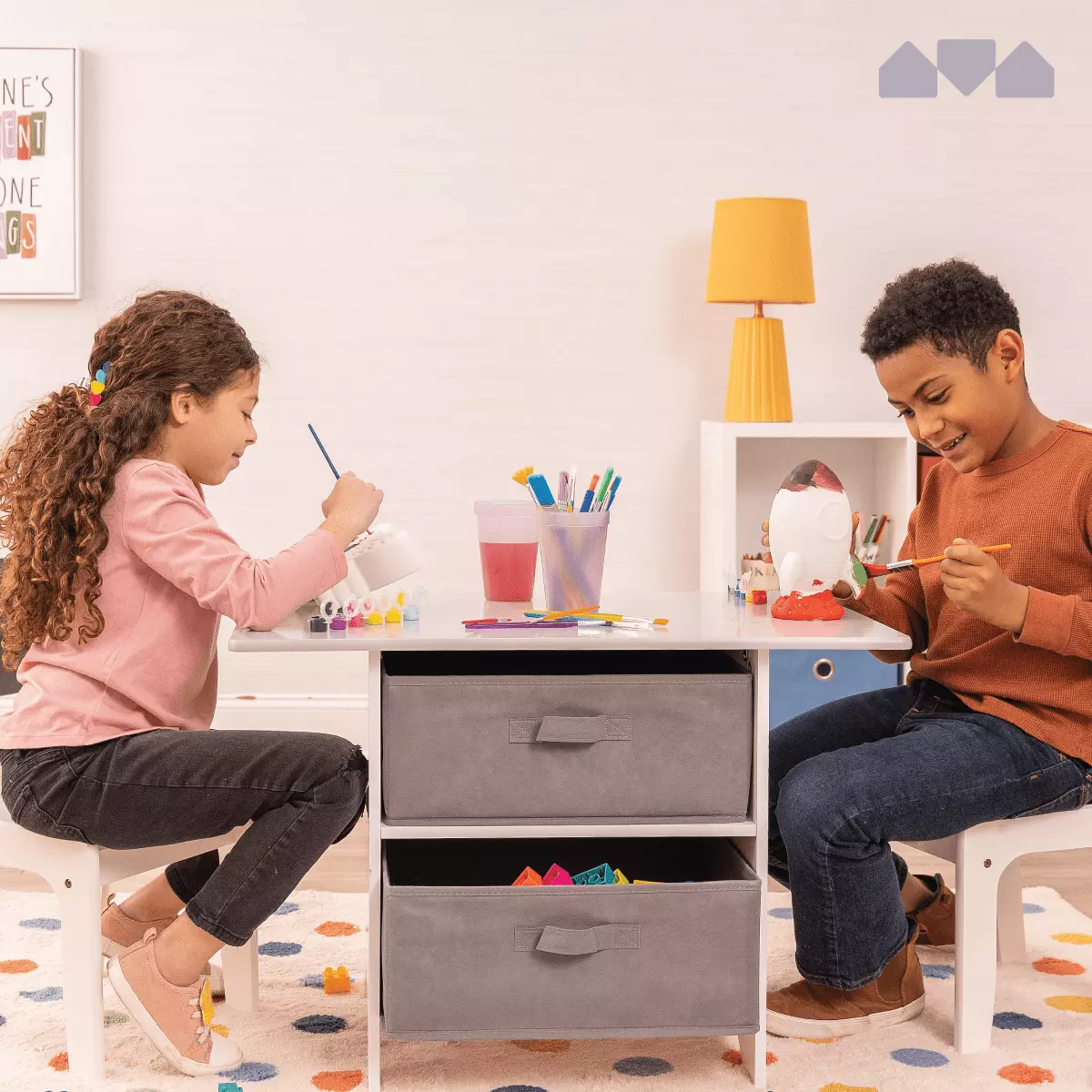 Milliard Kids Table and Chair Set Wood Storage Shelves Modern Gray Colors