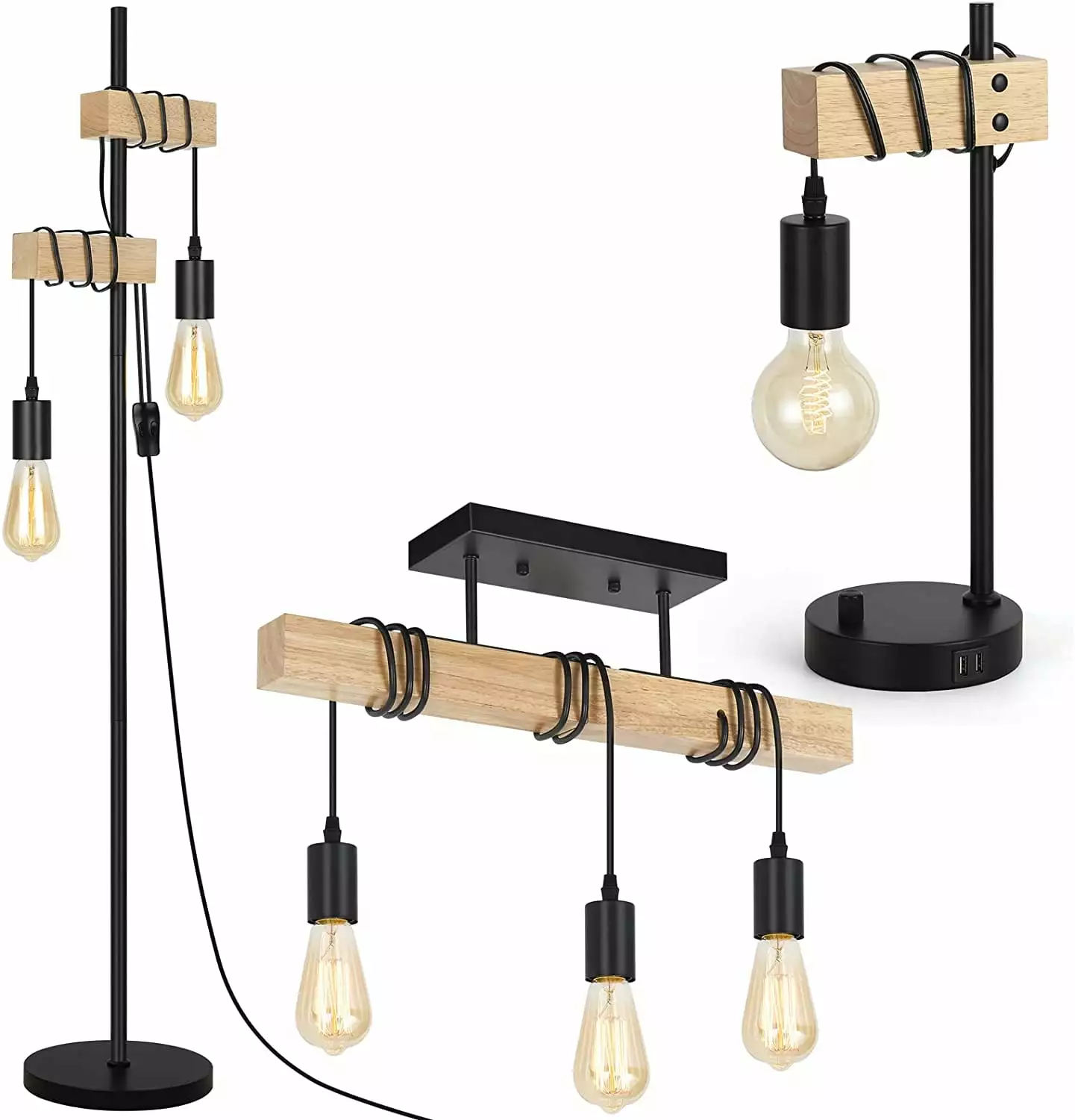 3-Piece Lamp Set USB Charging Bedside Lamp and 66 Industrial Floor Lamp JS NOVA JUNS