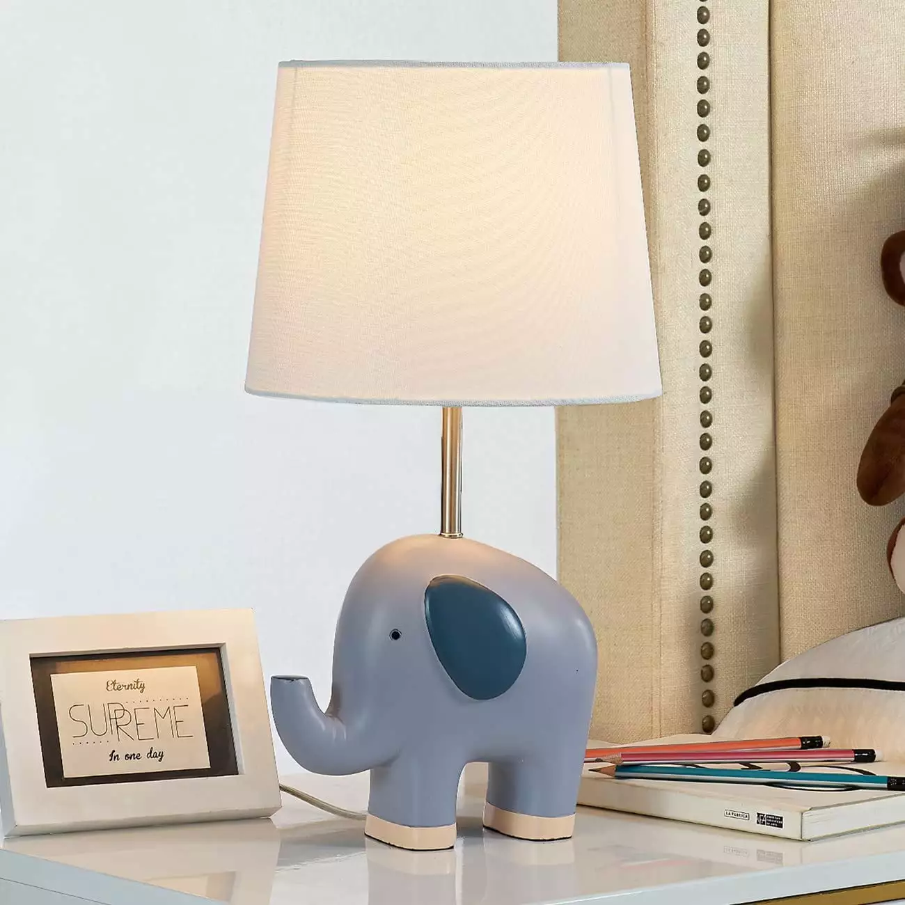 Maxax Kids Table Lamp Blue Grey Elephant Child Bedside Desk Lamp